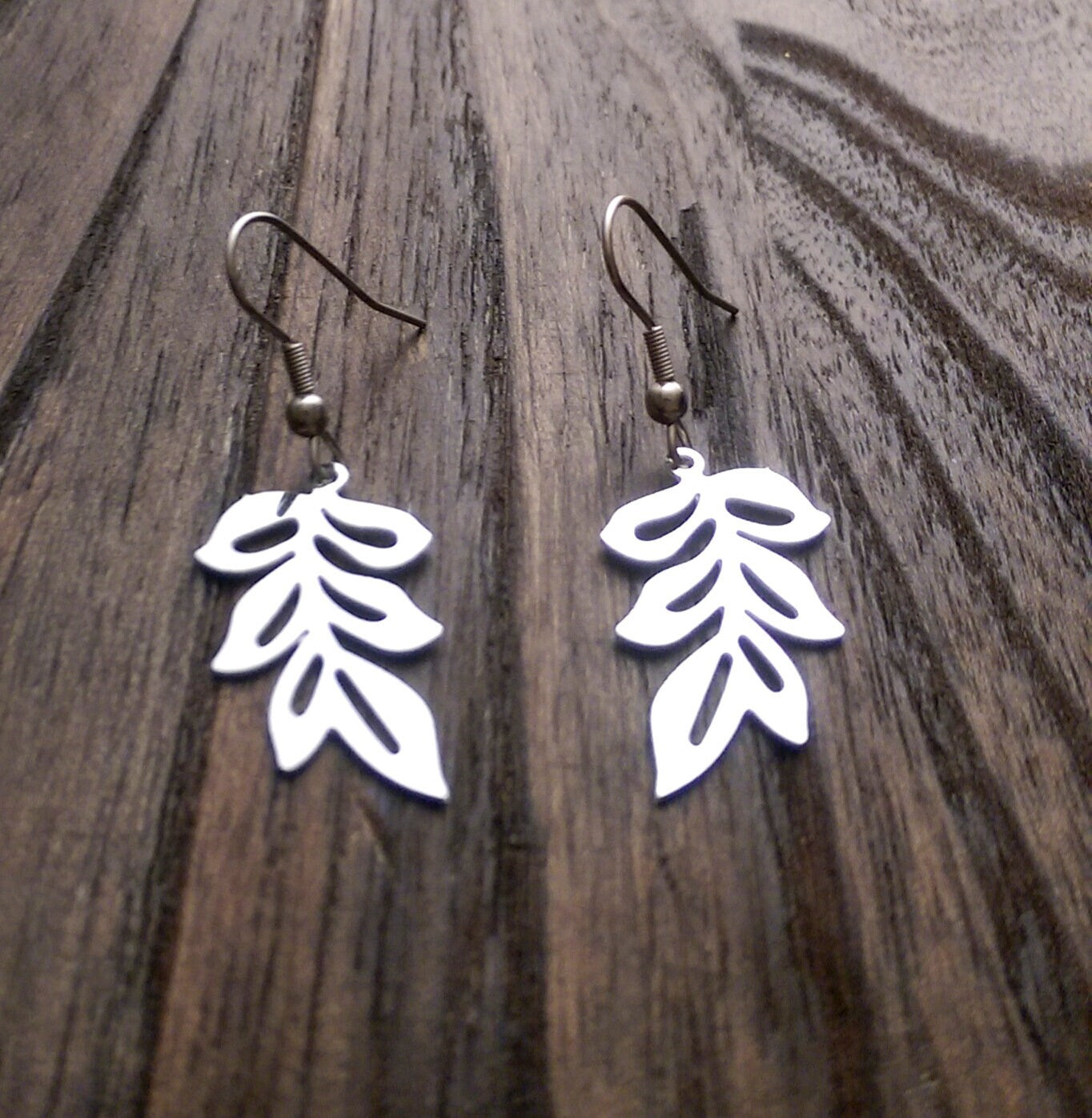 Silver Leaf Earrings, Long Leaf design Earrings, Stainless Steel Dangle Earrings