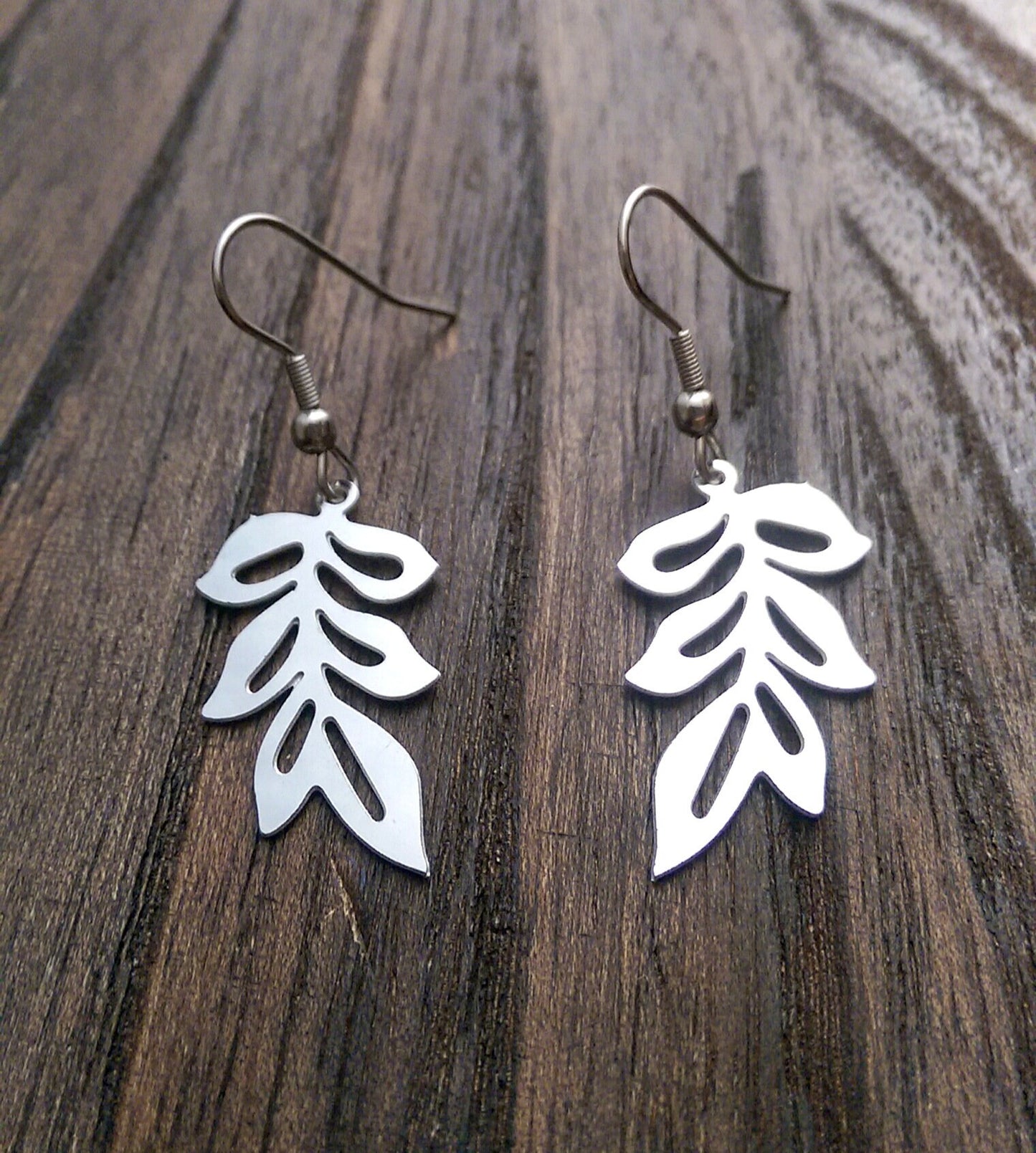 Silver Leaf Earrings, Long Leaf design Earrings, Stainless Steel Dangle Earrings