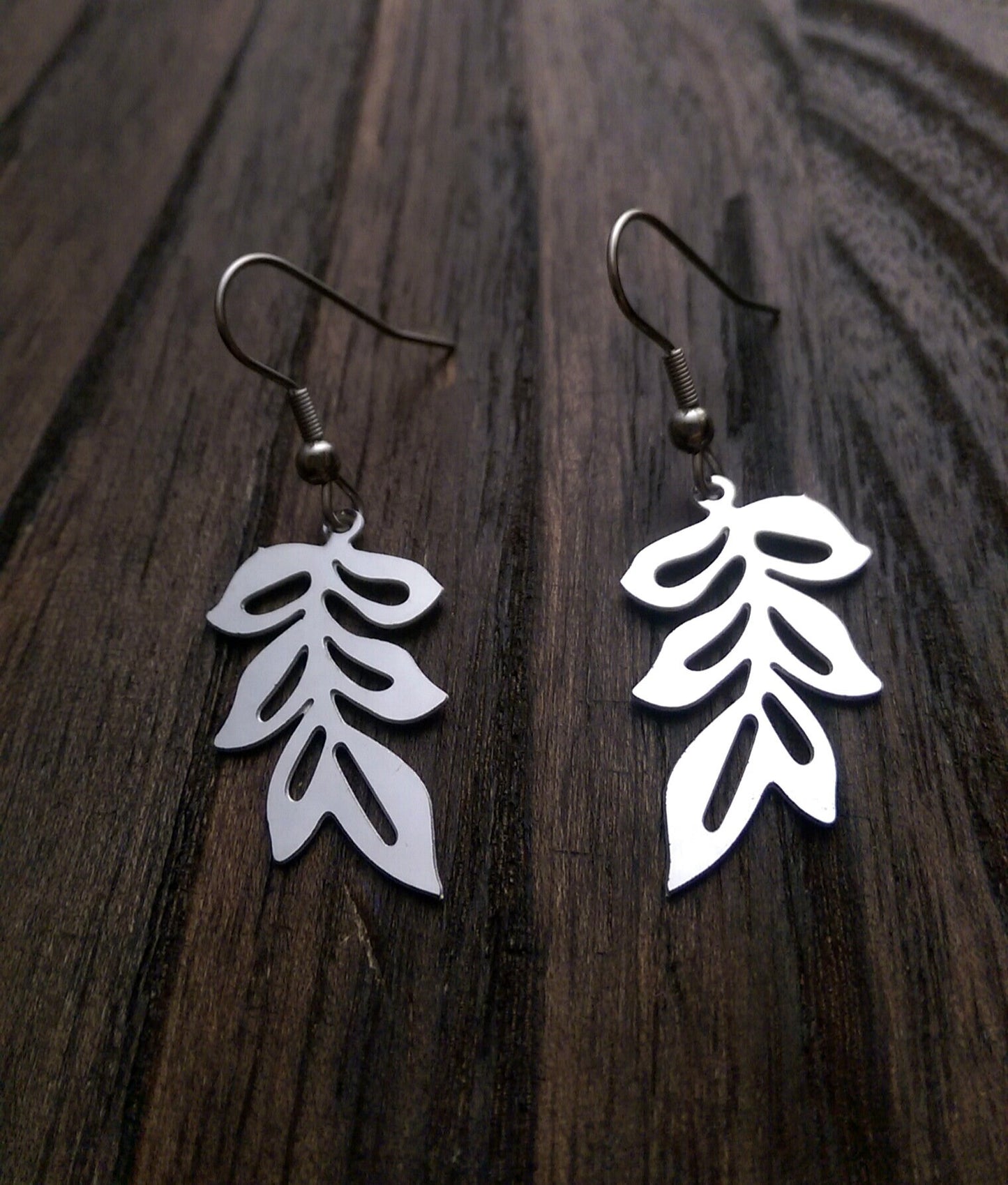 Silver Leaf Earrings, Long Leaf design Earrings, Stainless Steel Dangle Earrings