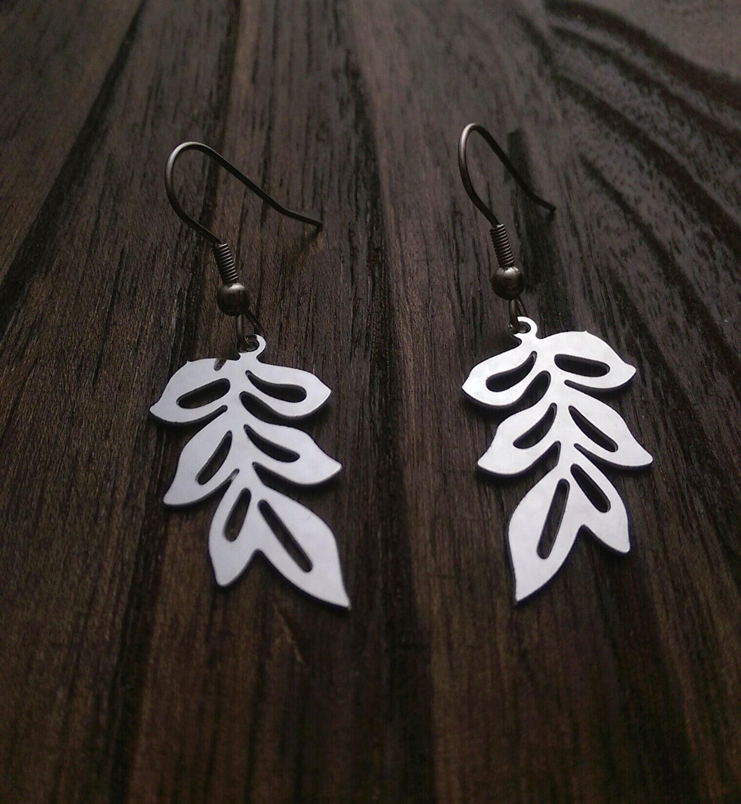 Silver Leaf Earrings, Long Leaf design Earrings, Stainless Steel Dangle Earrings