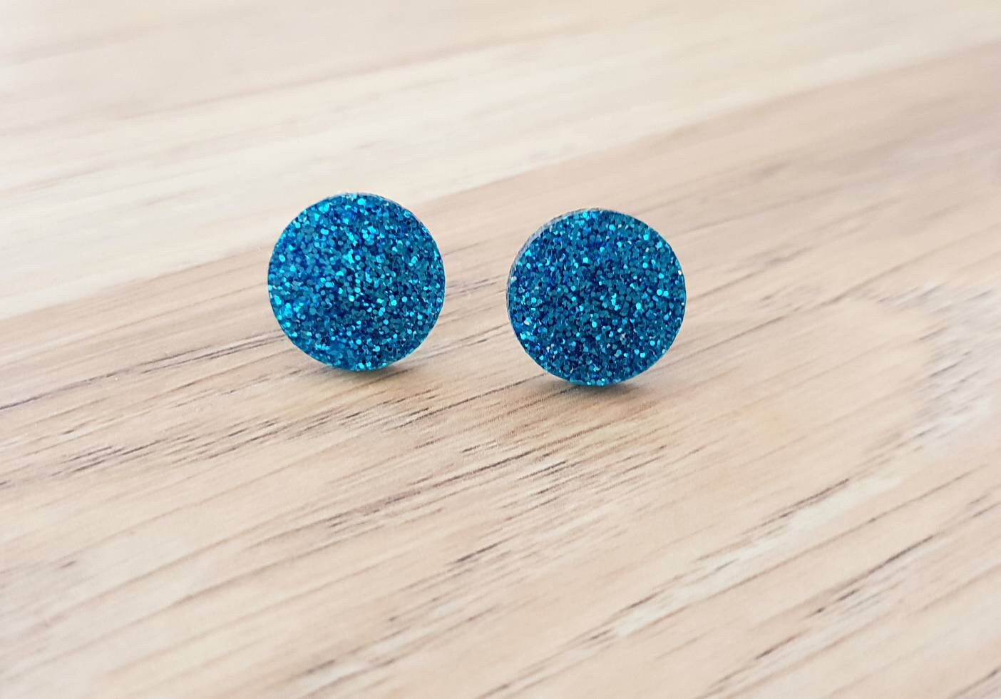 Aqua Blue Circle Studs, Blue Fine Glitter Circle Stud Earrings, Acrylic Earrings, Stainless Steel Earrings.