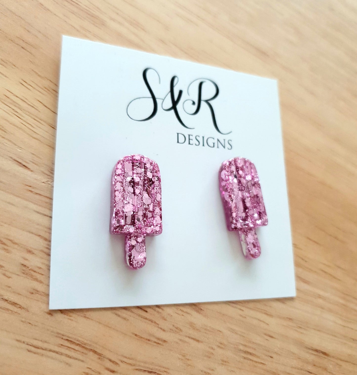 Pink Blush Icy Pole Stud Earrings, Light Pink Glitter Ice Cream Earrings, Statement Food Earrings