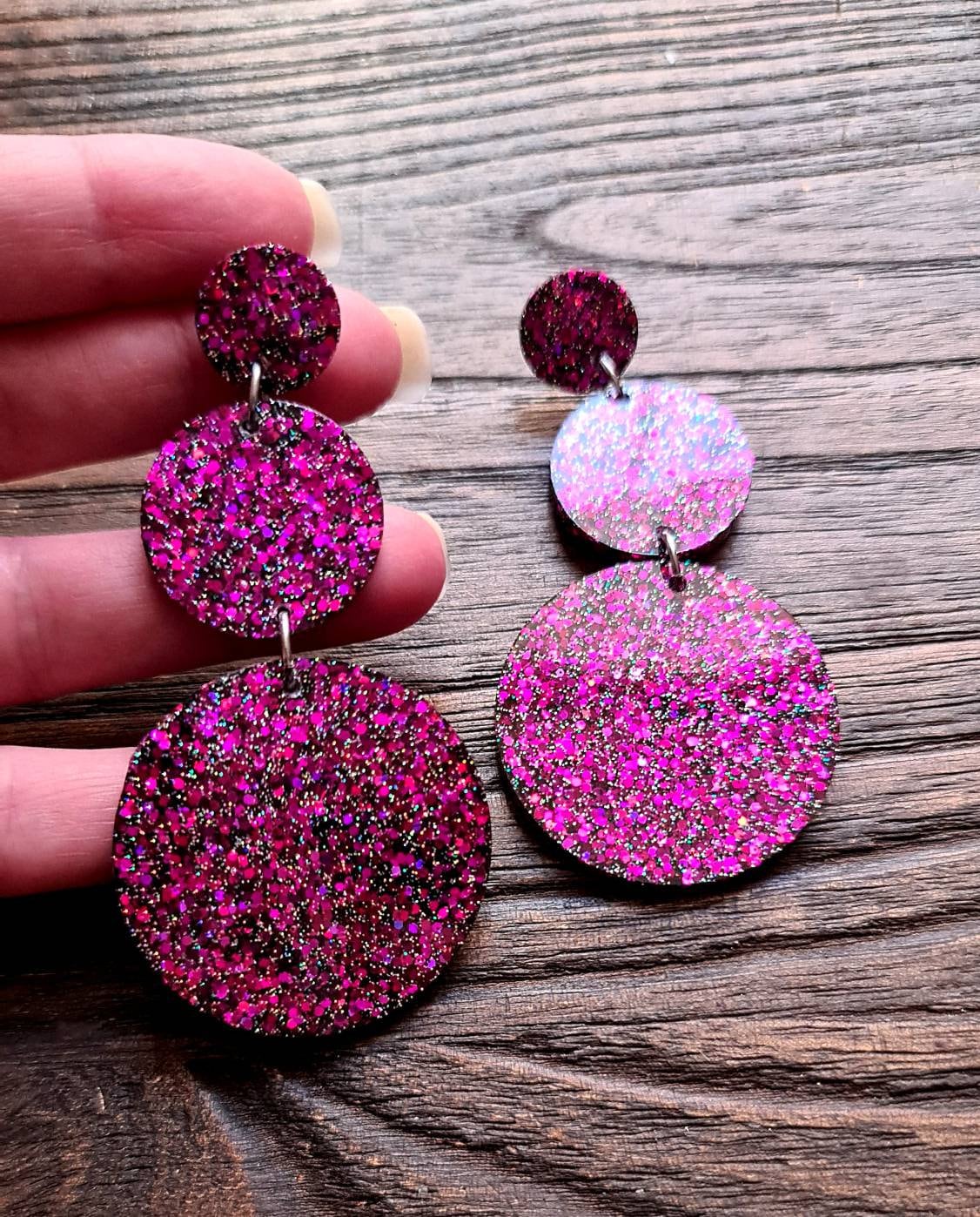 Circle Long Resin Earrings, Statement Hot Pink Black Holographic Glitter Earrings, Bridal Earrings, Bridesmaid, Stainless Steel Earrings.