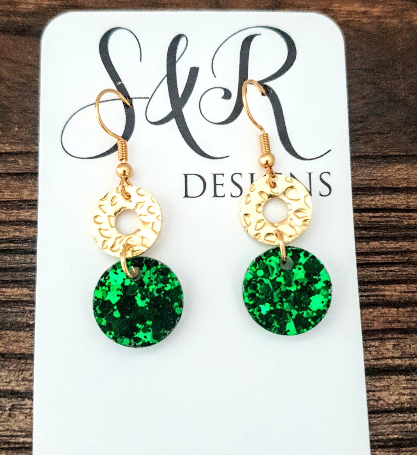 Gold Hammered Circle and Emerald Green Dangle Drop Earrings, Emerald Green Circle Glitter with Gold Stainless Steel, Statement Earrings