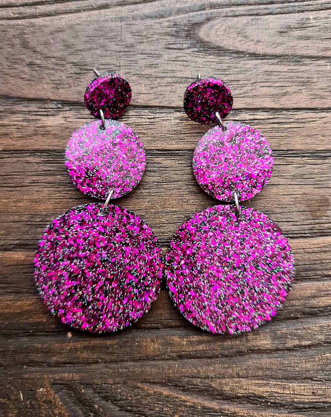 Circle Long Resin Earrings, Statement Hot Pink Black Holographic Glitter Earrings, Bridal Earrings, Bridesmaid, Stainless Steel Earrings.