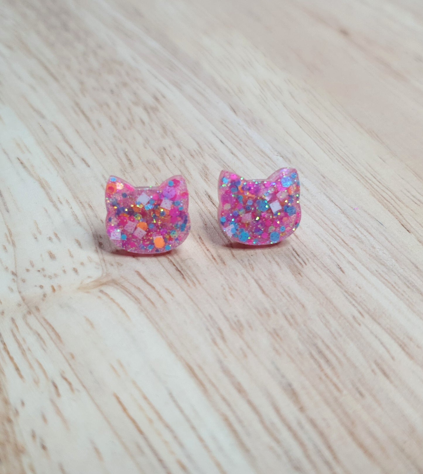 Lolly Pop Glitter Cat Earrings, Cat Resin Stud Earrings, Aqua Blue Orange White Pink Mix Earrings, Cat Earrings made with Stainless Steel.