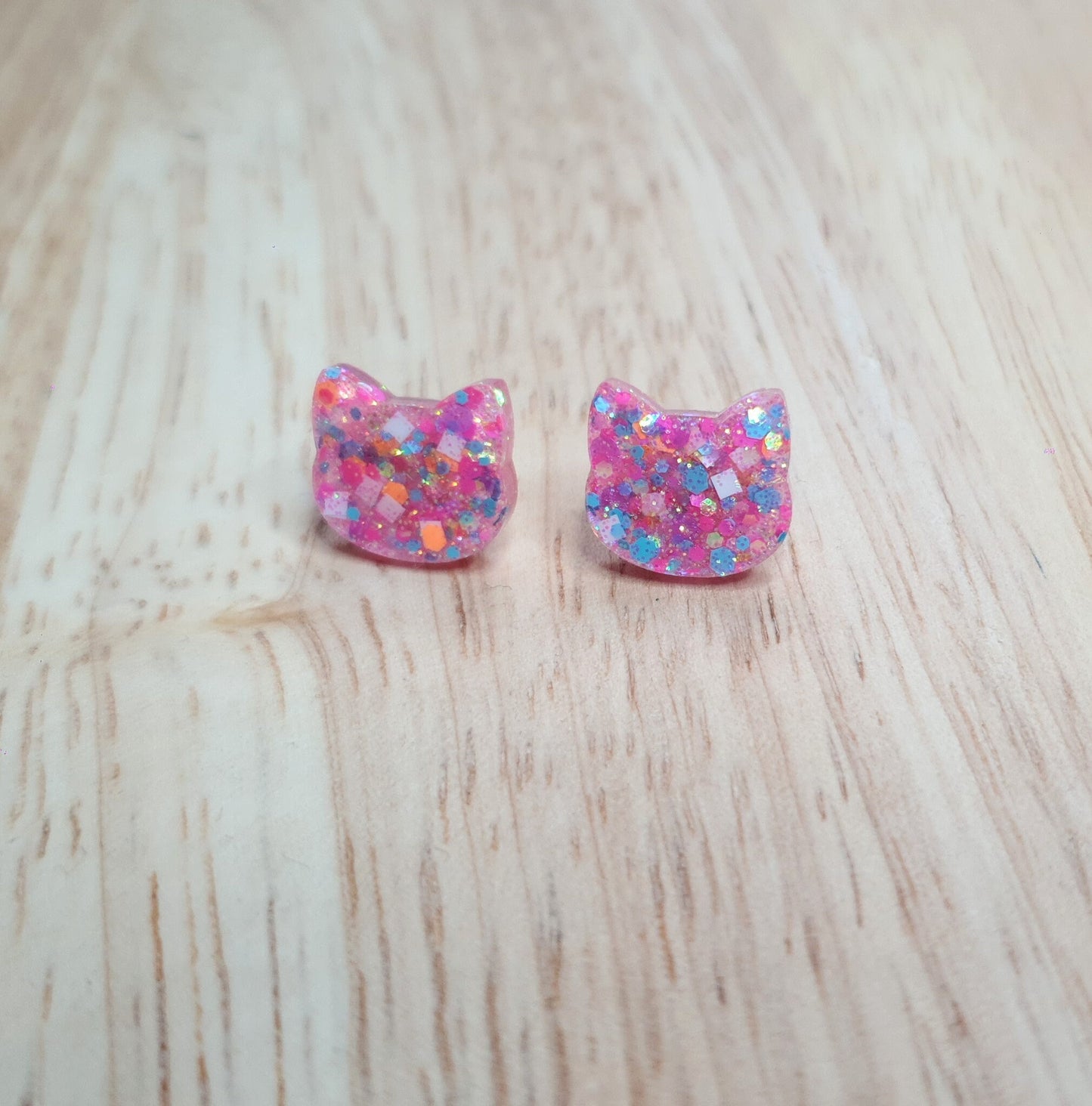 Lolly Pop Glitter Cat Earrings, Cat Resin Stud Earrings, Aqua Blue Orange White Pink Mix Earrings, Cat Earrings made with Stainless Steel.