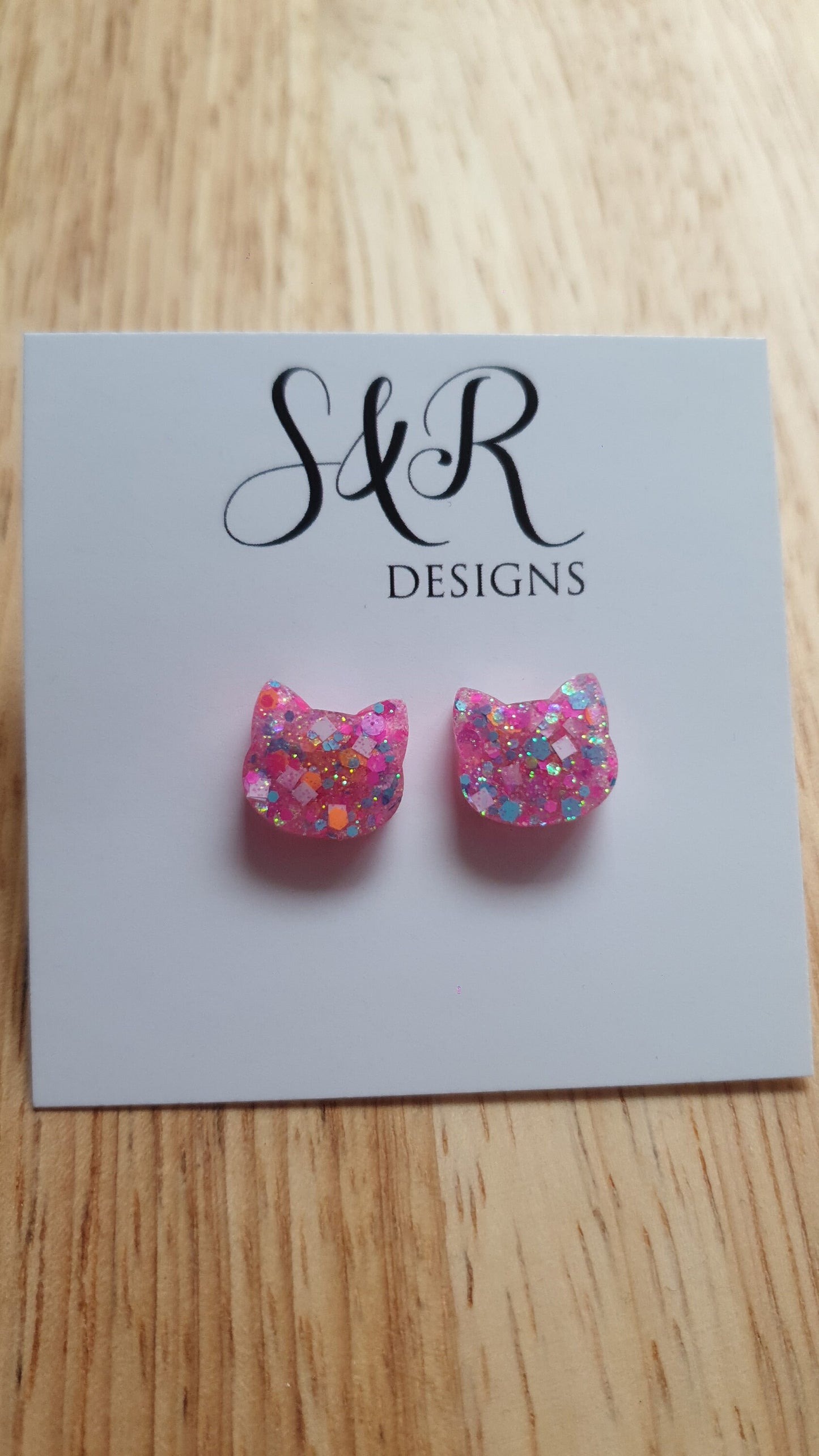 Lolly Pop Glitter Cat Earrings, Cat Resin Stud Earrings, Aqua Blue Orange White Pink Mix Earrings, Cat Earrings made with Stainless Steel.