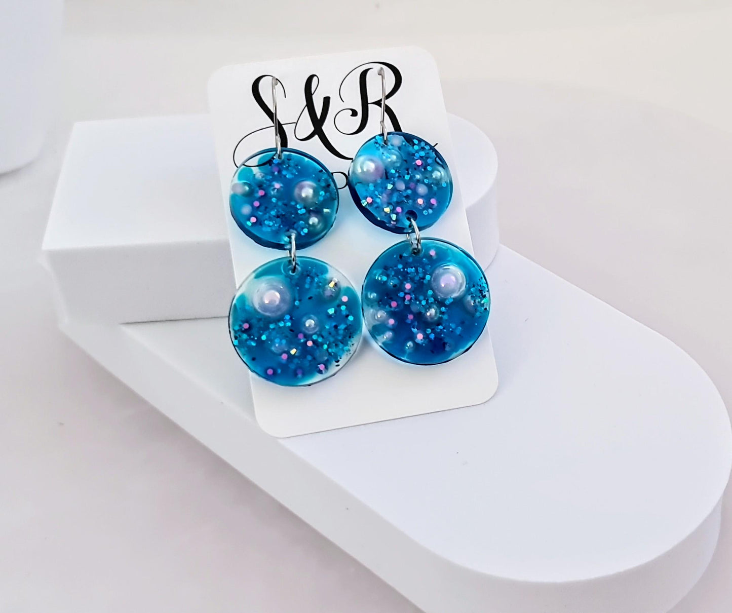 Ocean Dream Blue Resin Dangle Earrings, Handmade Dangle Earrings with Pearls & Crystals, Stainless Steel Hooks, Hypoallergenic Earrings