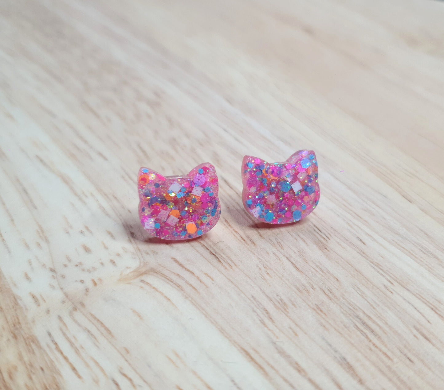 Lolly Pop Glitter Cat Earrings, Cat Resin Stud Earrings, Aqua Blue Orange White Pink Mix Earrings, Cat Earrings made with Stainless Steel.