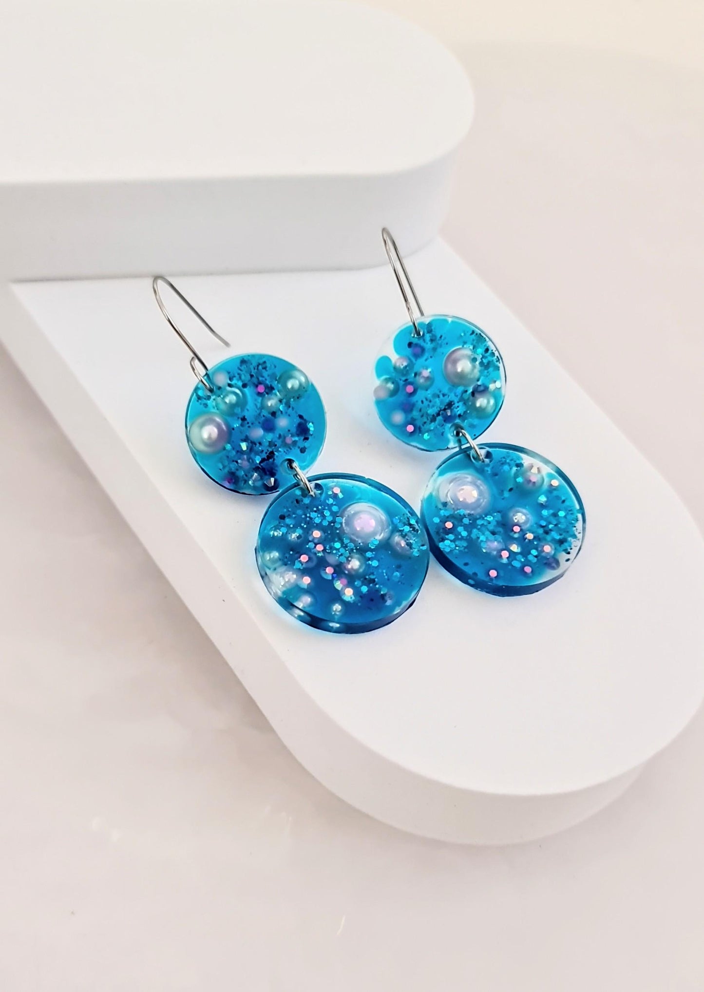 Ocean Dream Blue Resin Dangle Earrings, Handmade Dangle Earrings with Pearls & Crystals, Stainless Steel Hooks, Hypoallergenic Earrings