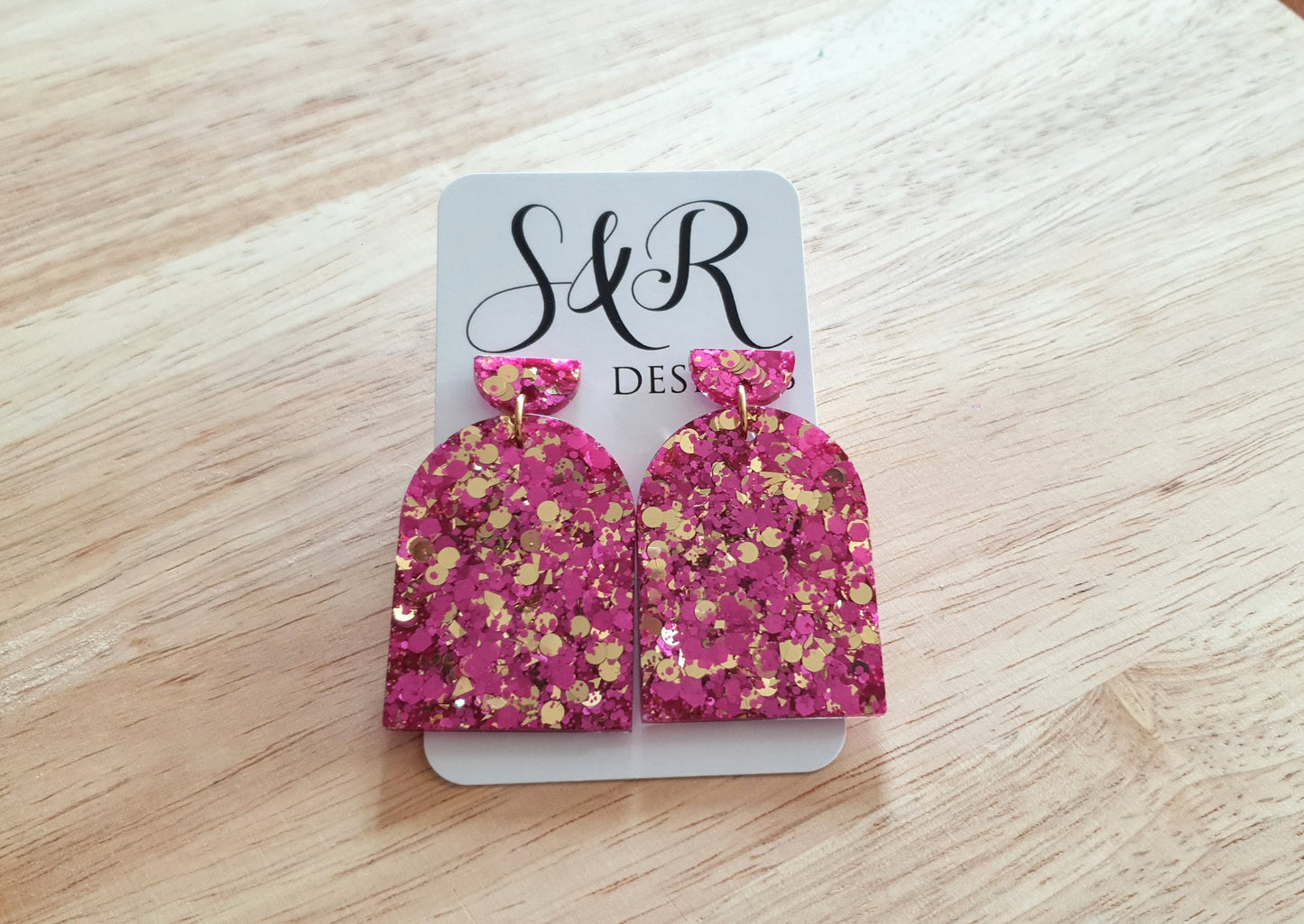 Hot Pink and Gold Glitter Arch Earrings, Pink Gold mix Chunky Glitter Handmade Resin Dangles, Statement Earrings
