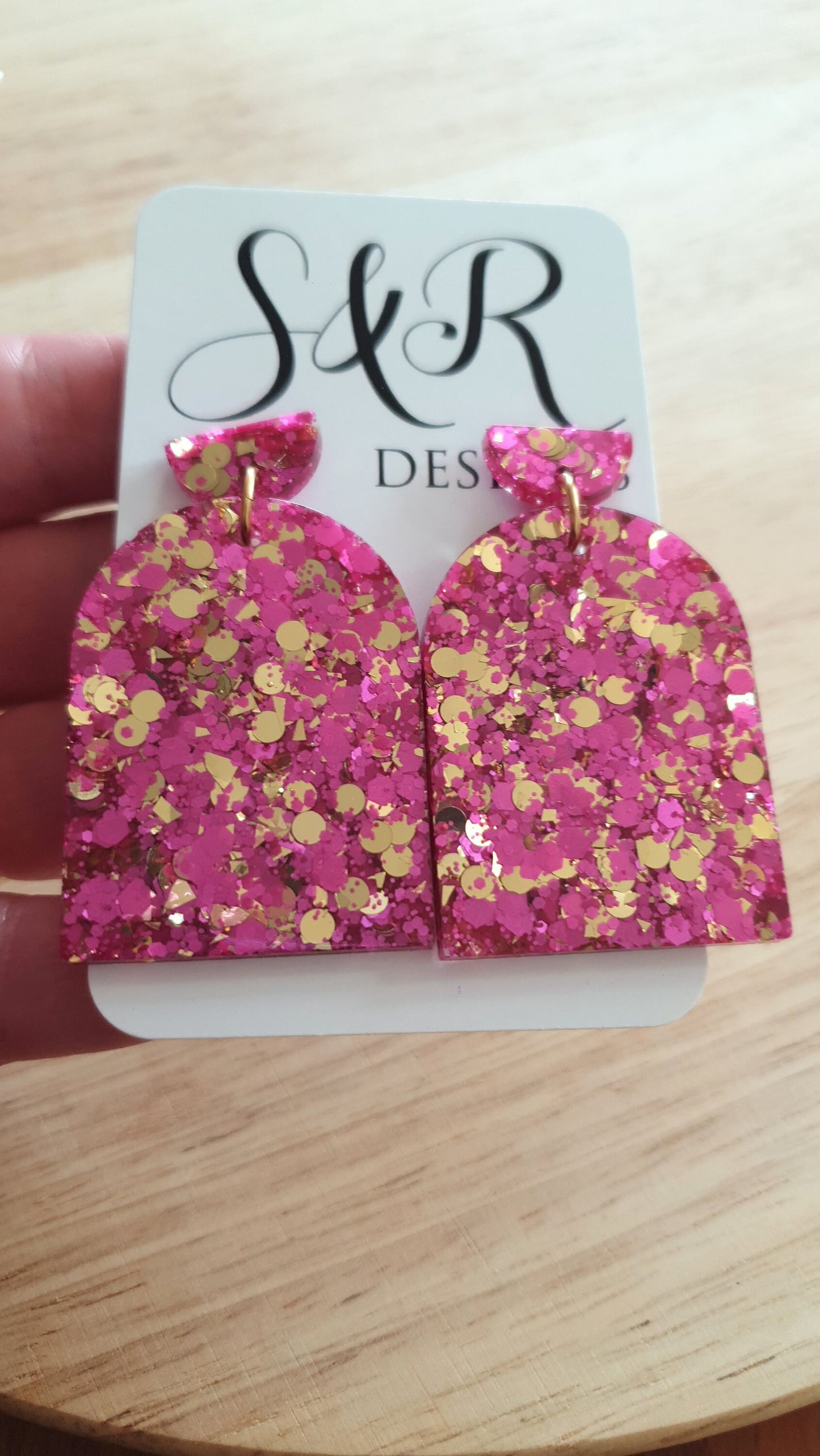 Hot Pink and Gold Glitter Arch Earrings, Pink Gold mix Chunky Glitter Handmade Resin Dangles, Statement Earrings