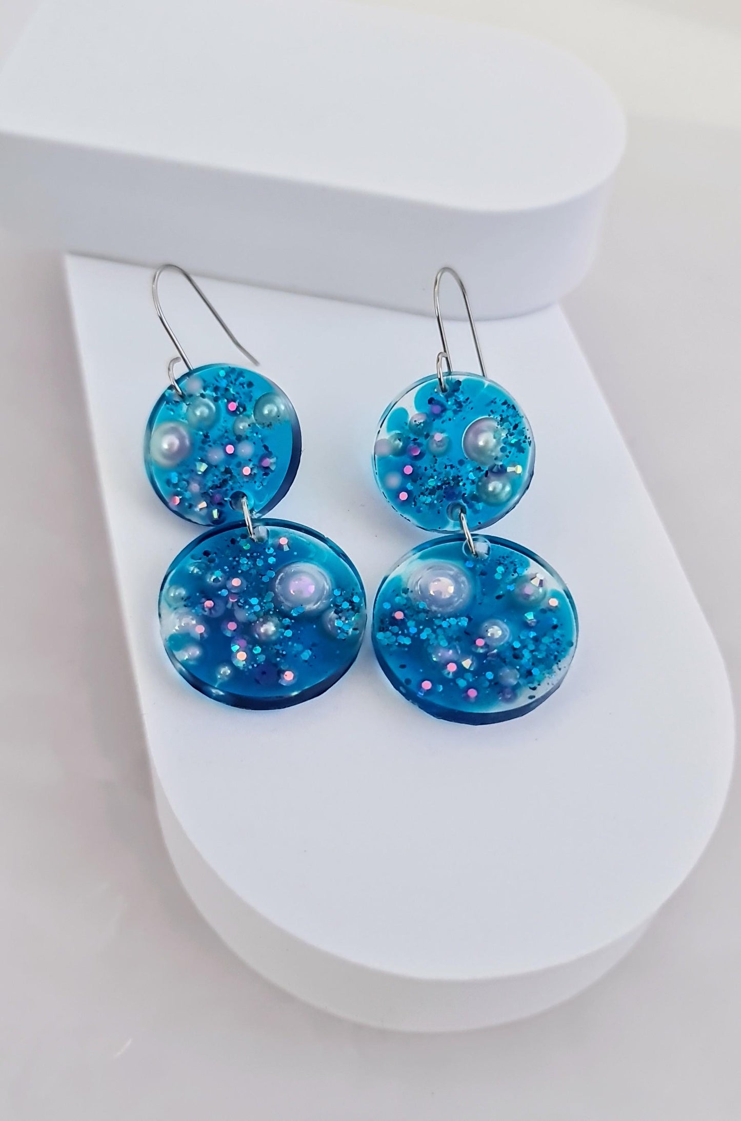 Ocean Dream Blue Resin Dangle Earrings, Handmade Dangle Earrings with Pearls & Crystals, Stainless Steel Hooks, Hypoallergenic Earrings