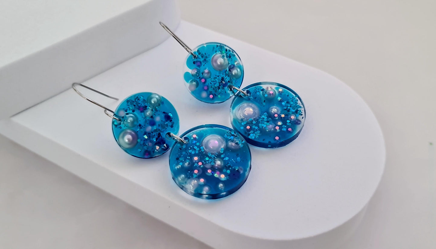 Ocean Dream Blue Resin Dangle Earrings, Handmade Dangle Earrings with Pearls & Crystals, Stainless Steel Hooks, Hypoallergenic Earrings