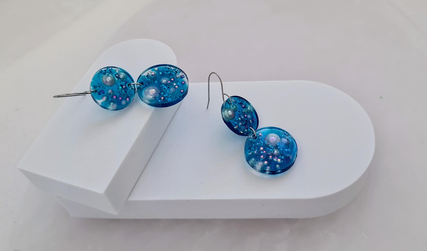 Ocean Dream Blue Resin Dangle Earrings, Handmade Dangle Earrings with Pearls & Crystals, Stainless Steel Hooks, Hypoallergenic Earrings