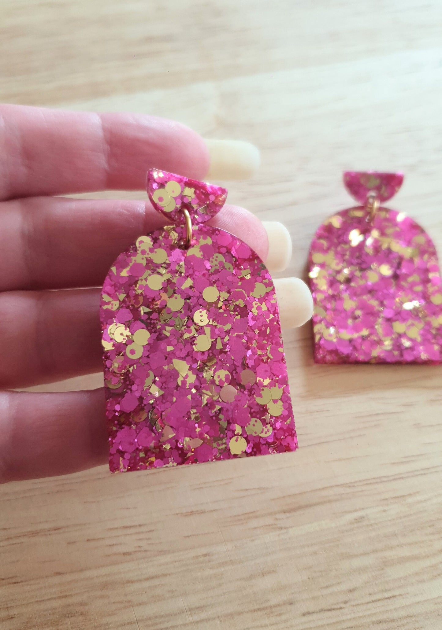 Hot Pink and Gold Glitter Arch Earrings, Pink Gold mix Chunky Glitter Handmade Resin Dangles, Statement Earrings