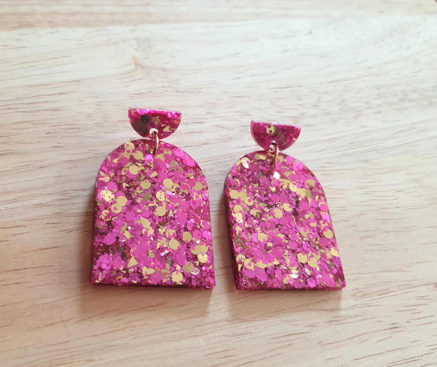 Hot Pink and Gold Glitter Arch Earrings, Pink Gold mix Chunky Glitter Handmade Resin Dangles, Statement Earrings