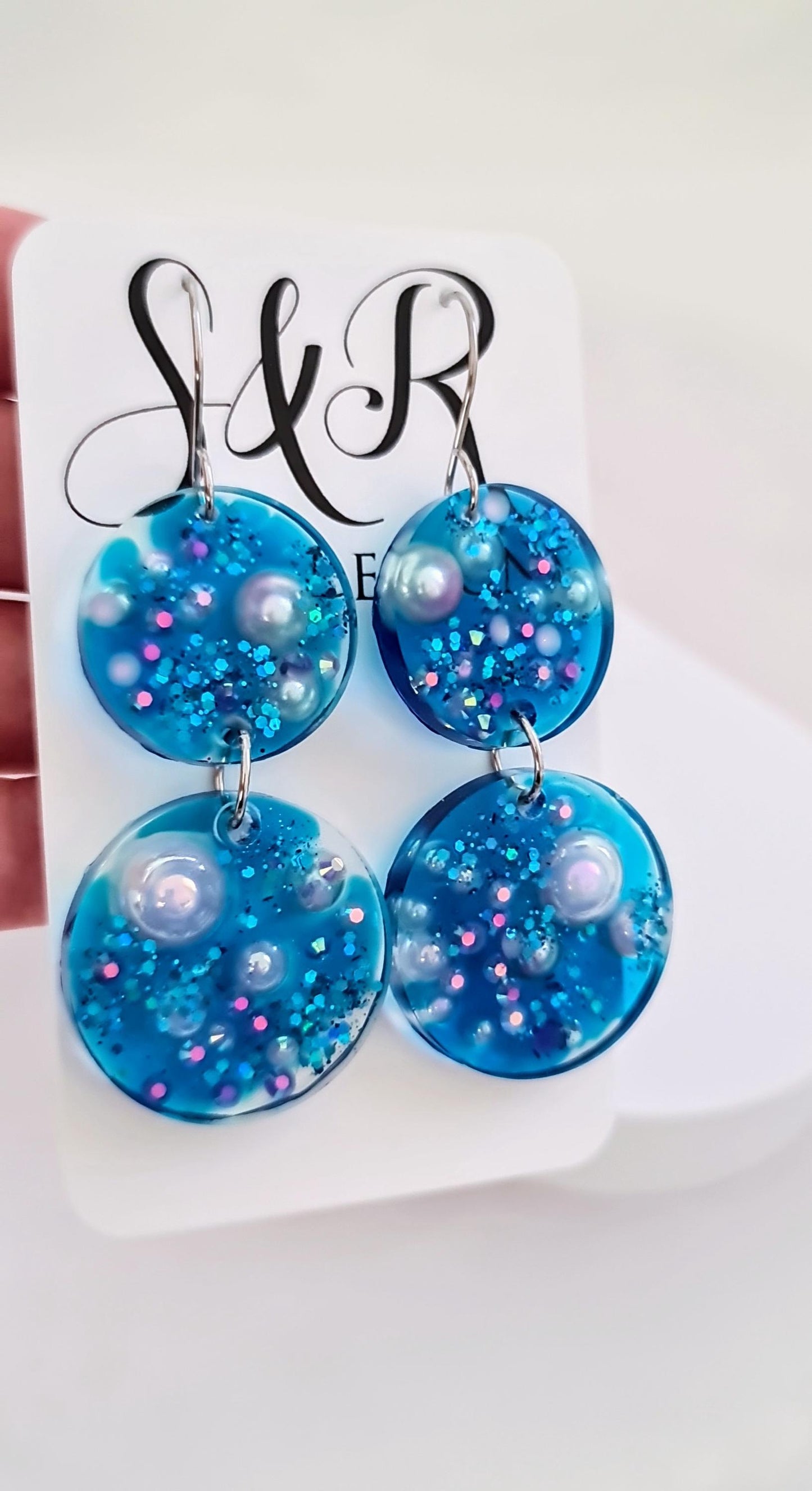 Ocean Dream Blue Resin Dangle Earrings, Handmade Dangle Earrings with Pearls & Crystals, Stainless Steel Hooks, Hypoallergenic Earrings