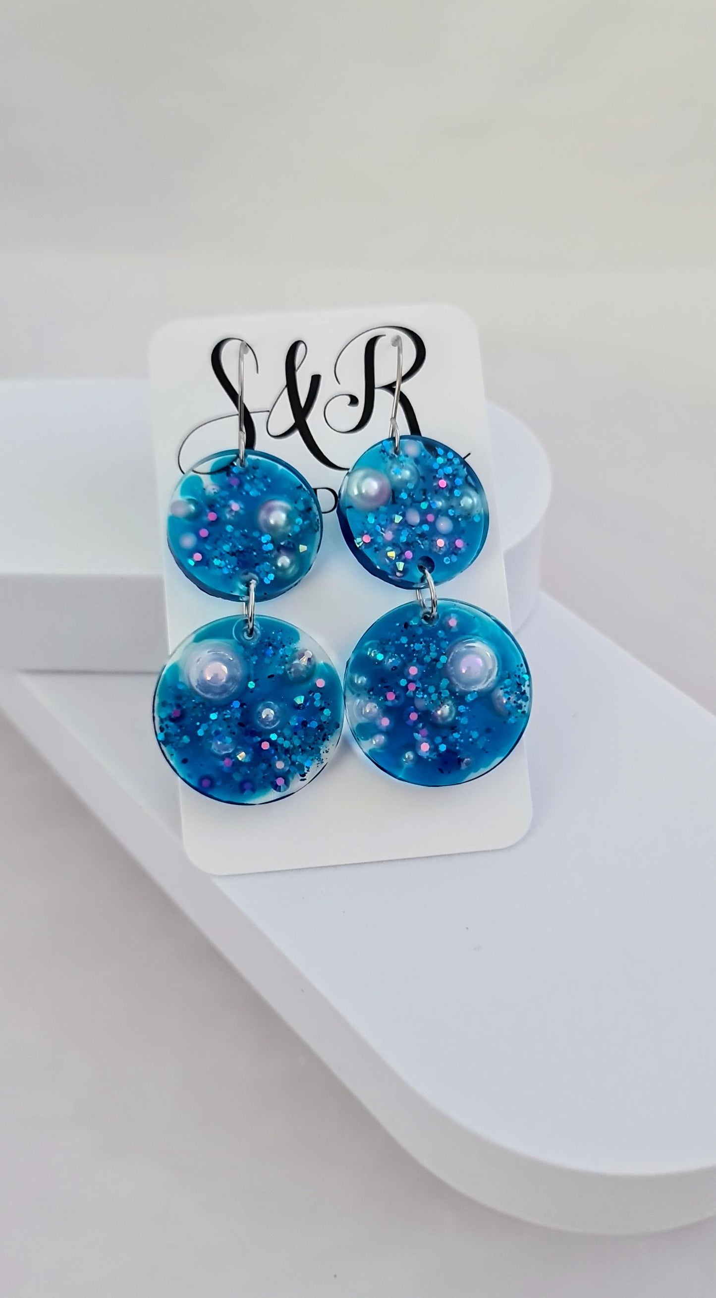 Ocean Dream Blue Resin Dangle Earrings, Handmade Dangle Earrings with Pearls & Crystals, Stainless Steel Hooks, Hypoallergenic Earrings