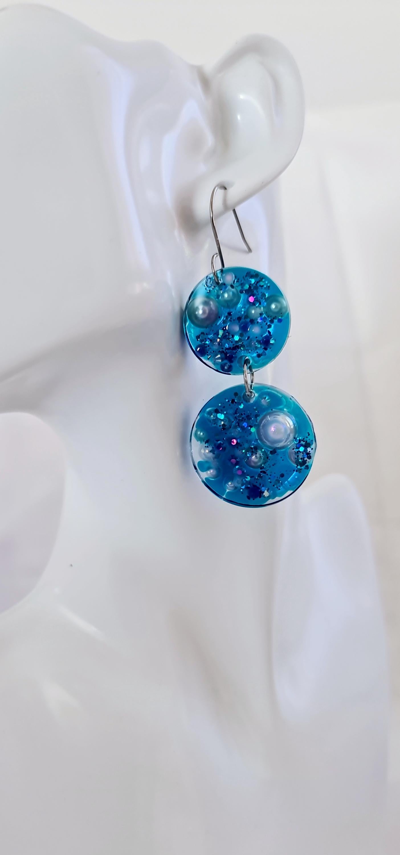 Ocean Dream Blue Resin Dangle Earrings, Handmade Dangle Earrings with Pearls & Crystals, Stainless Steel Hooks, Hypoallergenic Earrings