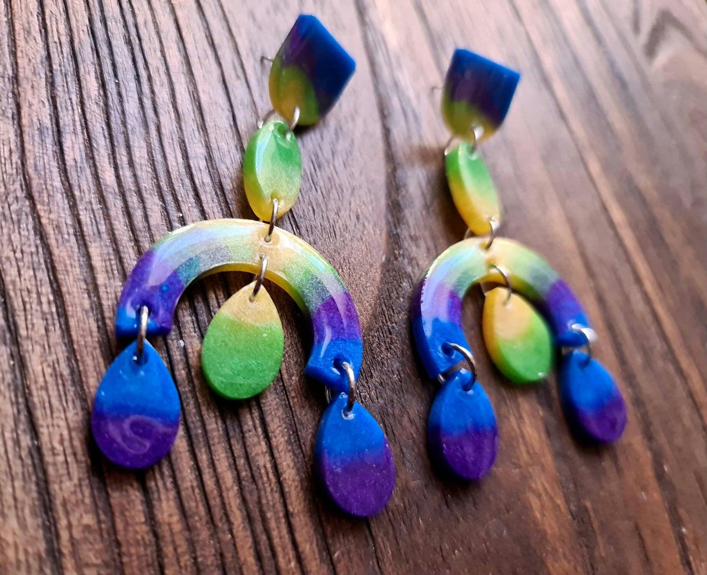 Large Oversized Multicoloured Chandelier Dangle Earrings, Blue, Purple, Green, Yellow Dangles, Statement Long Glitter Earrings