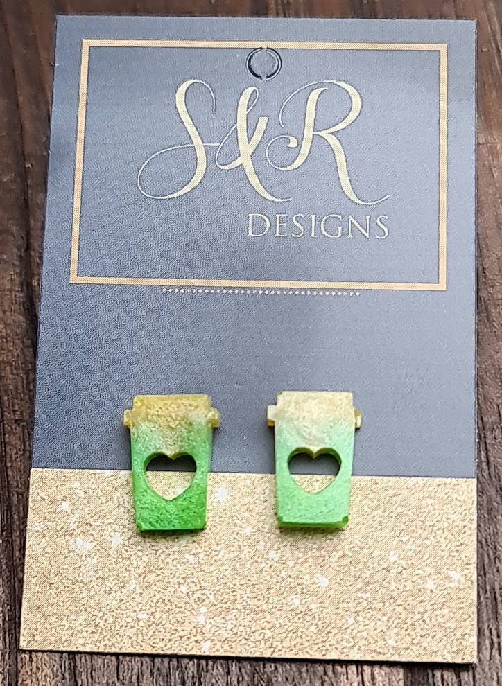 Coffee Cup Stud Earrings, Green Yellow Coffee Earrings, Stainless Steel Studs