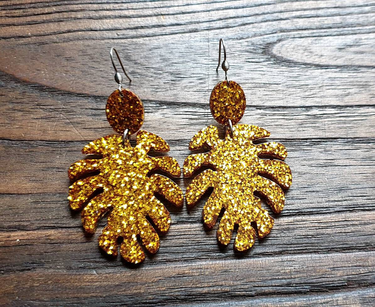 Large Monstera Leaf Long Dangle Earrings, Gold Glitter Resin Dangle Statement Earrings, Choose Silver or Gold Hooks