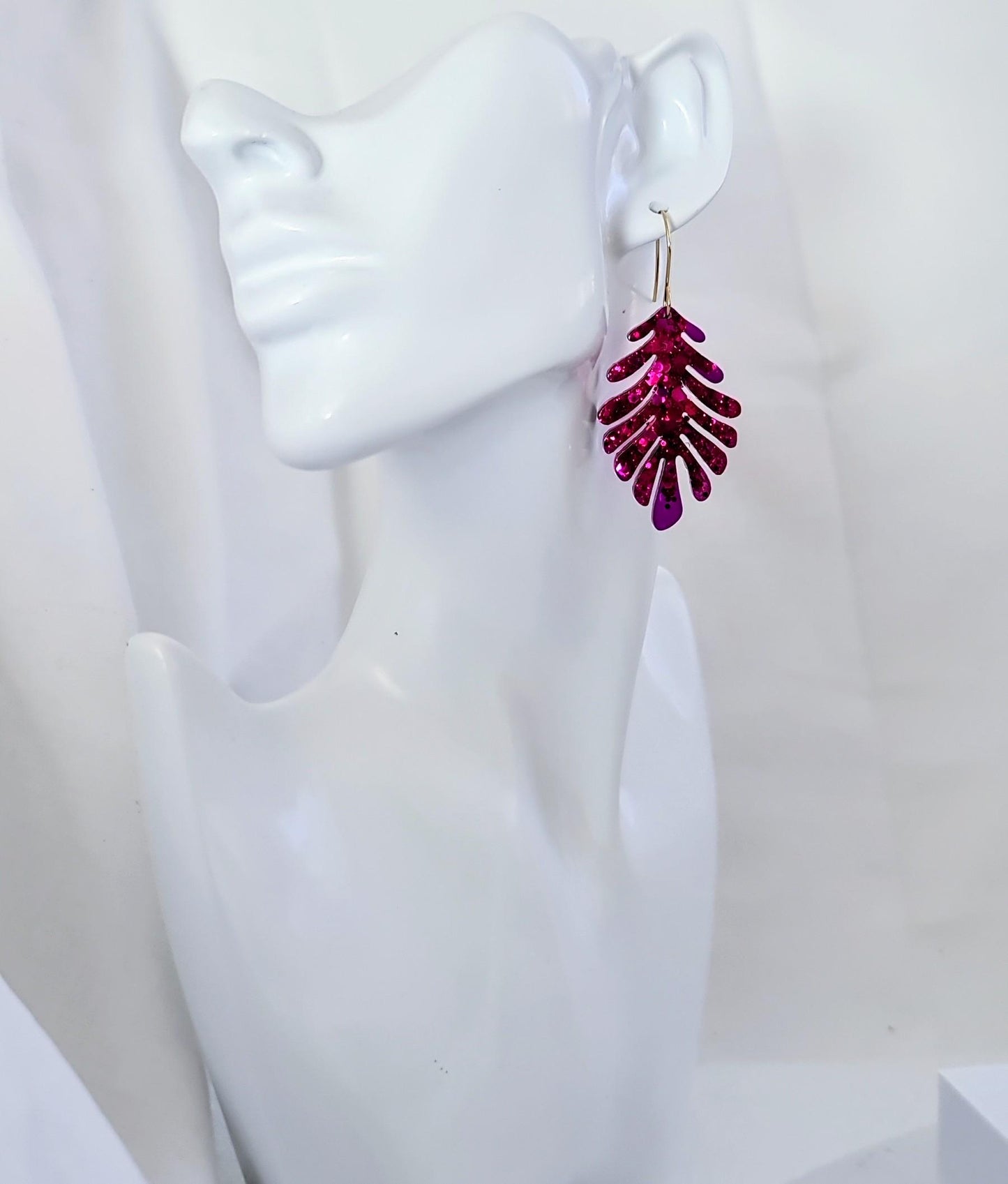 Hot Pink and Transparent Purple Leaves Gold Dangle Earrings, Handmade Glitter Resin Leaf Earrings, Bold Statement Jewellery Handmade, Gift