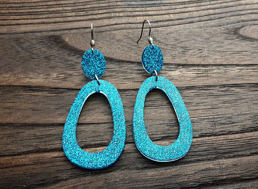 Large Teardrop Long Dangle Earrings, Teal Glitter Resin Dangle Statement Earrings