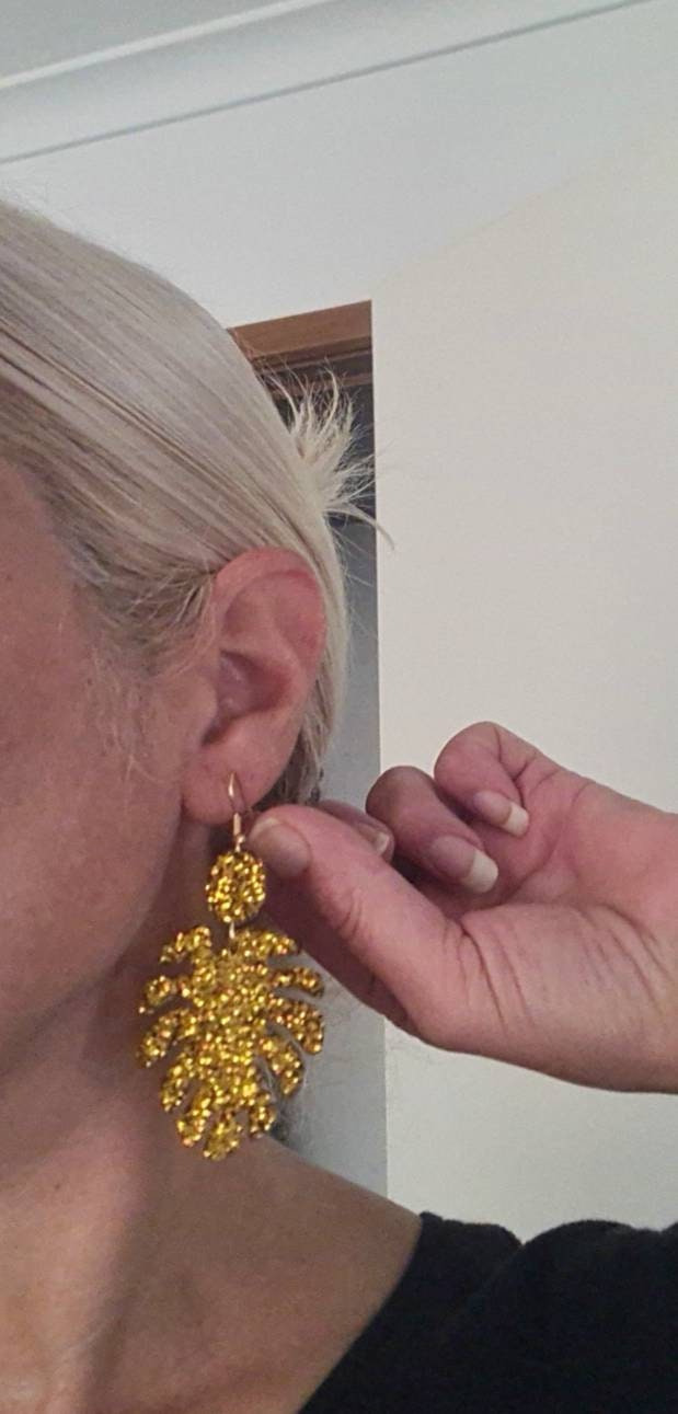 Large Monstera Leaf Long Dangle Earrings, Gold Glitter Resin Dangle Statement Earrings, Choose Silver or Gold Hooks
