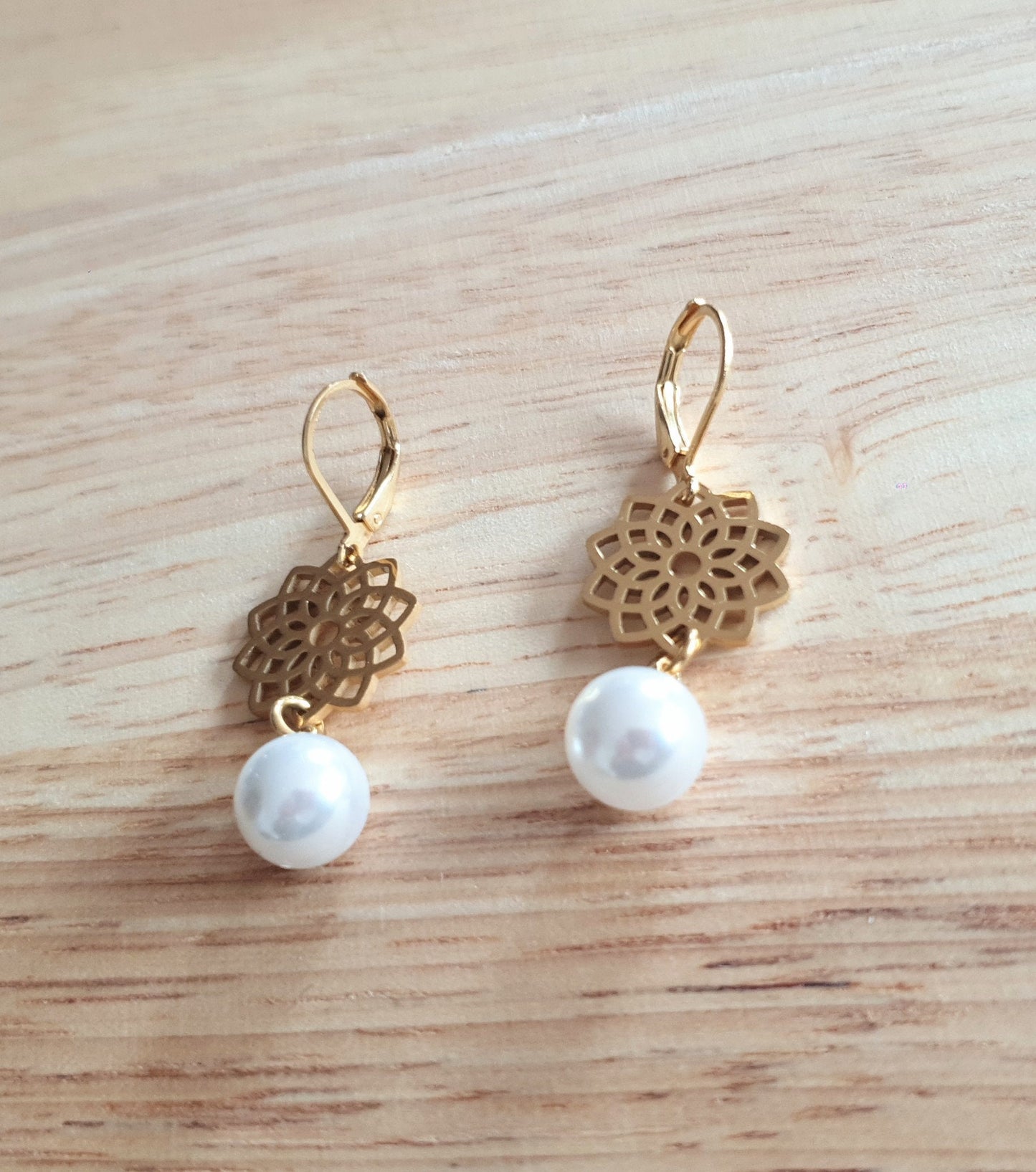 Gold Flower with Faux Pearl Leverback Earrings, Stainless Steel Statement Dangle Drop Minimalist Earrings. Pearl Drops.