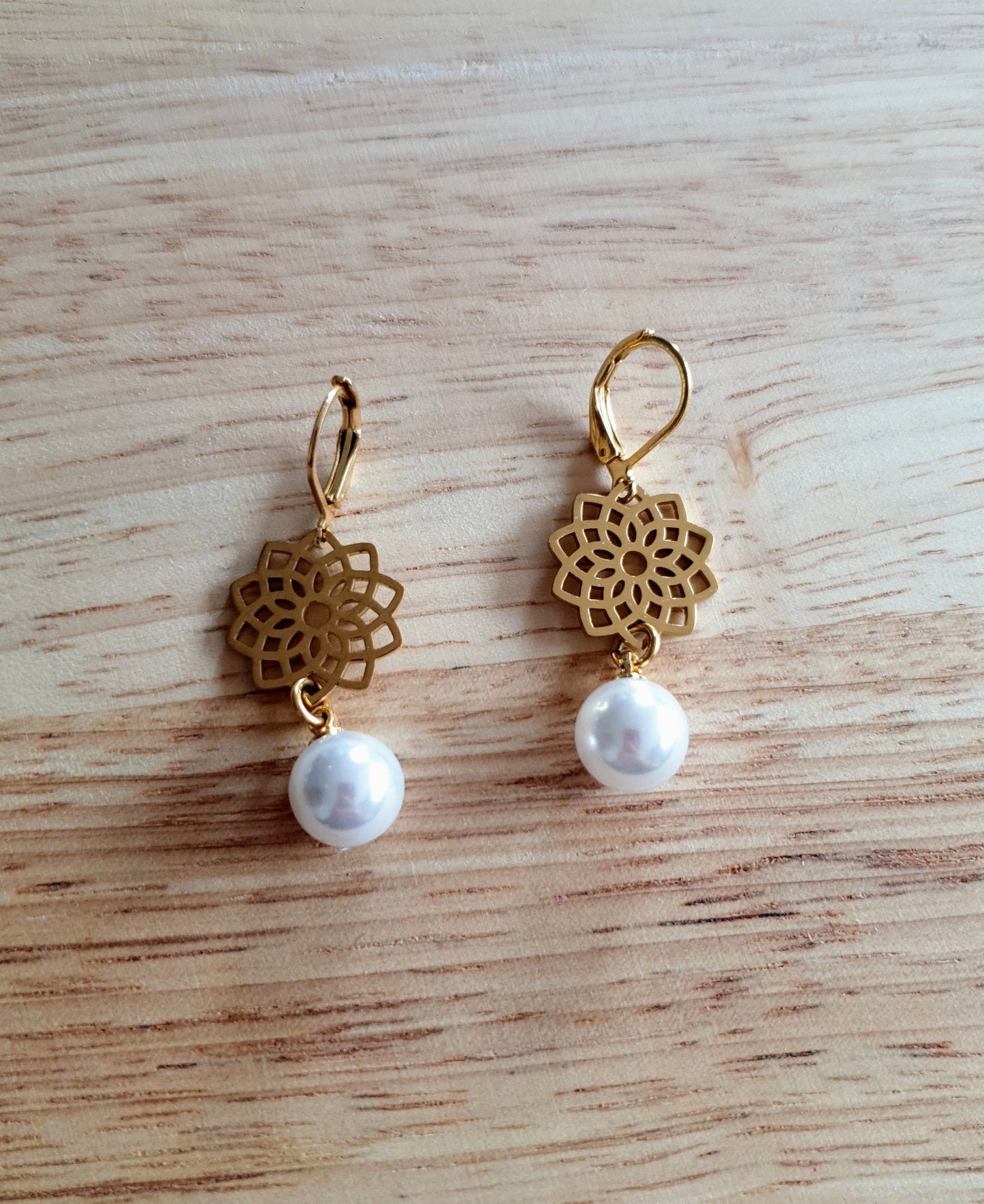 Gold Flower with Faux Pearl Leverback Earrings, Stainless Steel Statement Dangle Drop Minimalist Earrings. Pearl Drops.