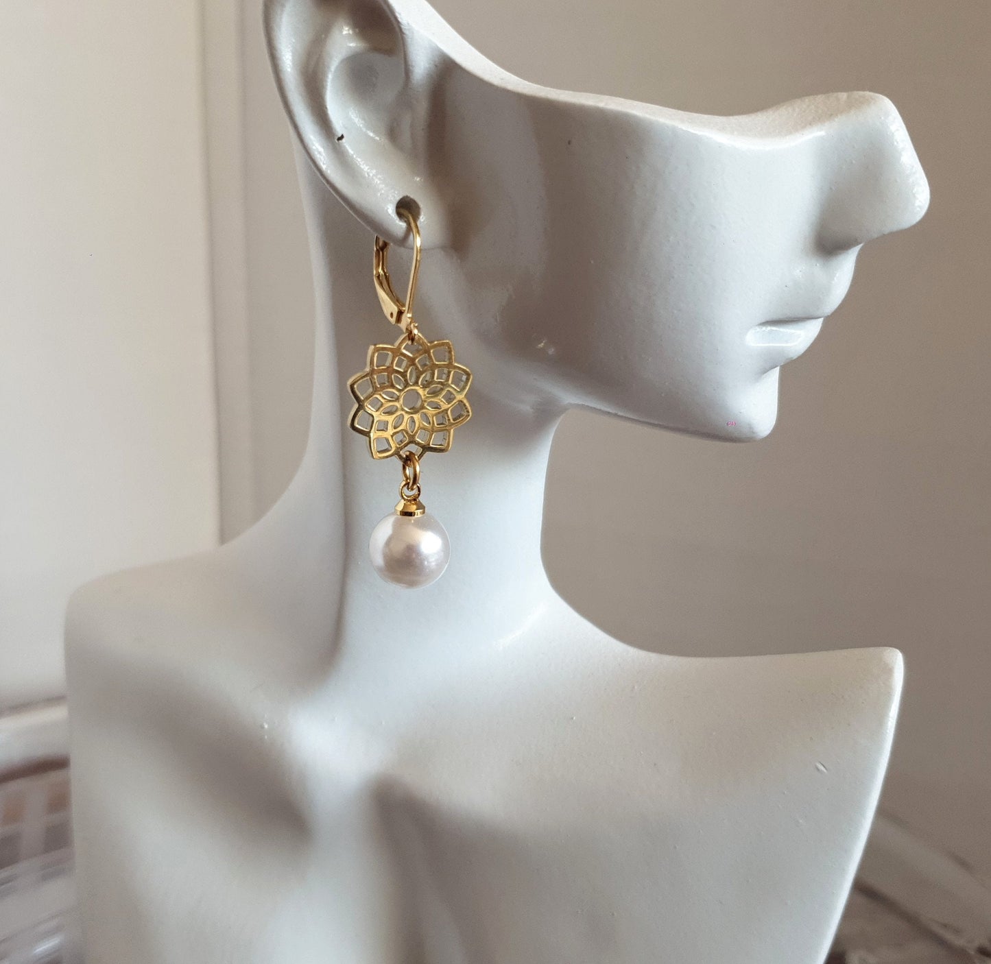 Gold Flower with Faux Pearl Leverback Earrings, Stainless Steel Statement Dangle Drop Minimalist Earrings. Pearl Drops.