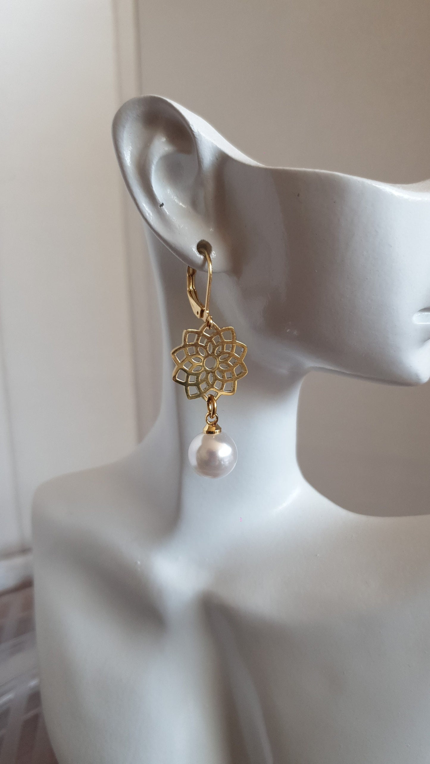 Gold Flower with Faux Pearl Leverback Earrings, Stainless Steel Statement Dangle Drop Minimalist Earrings. Pearl Drops.