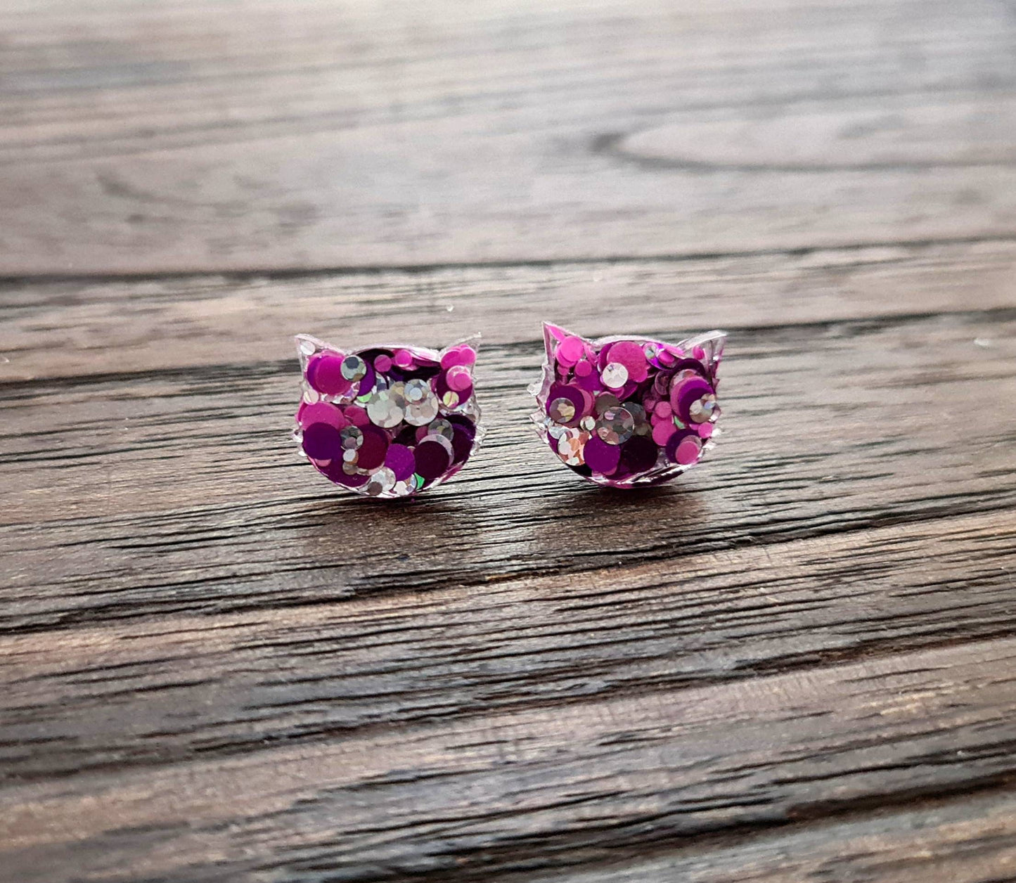 Cat Earrings, Cat Resin Stud Earrings, Silver Holographic, Purple Pink Earrings, Cat Glitter Earrings made with Stainless Steel.