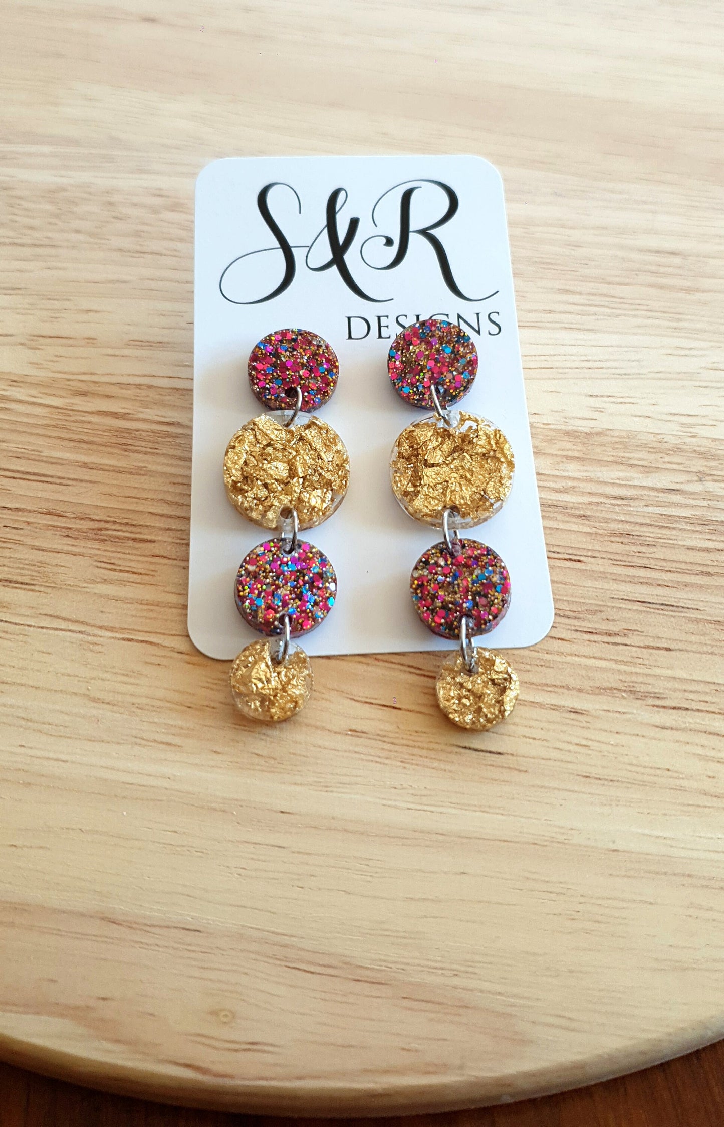 Gold Leaf Long Circle Dangle Drop Earrings, Statement Earrings, Gold Leaf and Pink Blue Mixed Glitter Resin Dangle Stud Earrings
