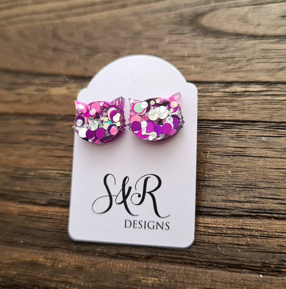 Cat Earrings, Cat Resin Stud Earrings, Silver Holographic, Purple Pink Earrings, Cat Glitter Earrings made with Stainless Steel.