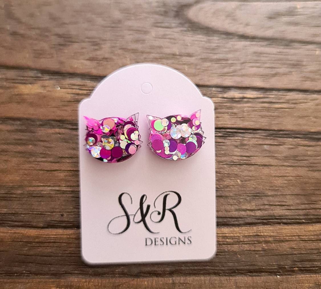 Cat Earrings, Cat Resin Stud Earrings, Silver Holographic, Purple Pink Earrings, Cat Glitter Earrings made with Stainless Steel.