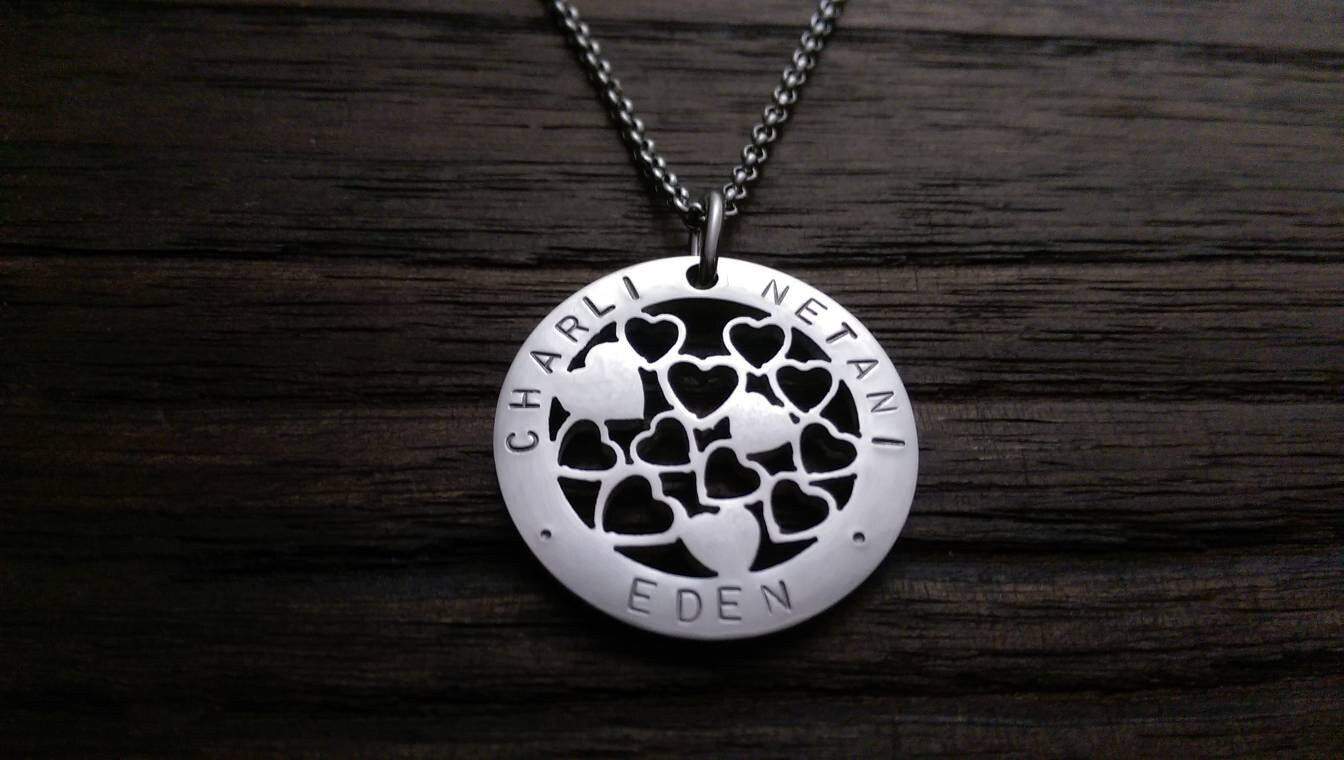 Personalized Circle Heart Necklace, Personalised Hand Stamped Pendant, Multi Hearts Design 30mm, Choose Colour, Mothers Day, Waterproof
