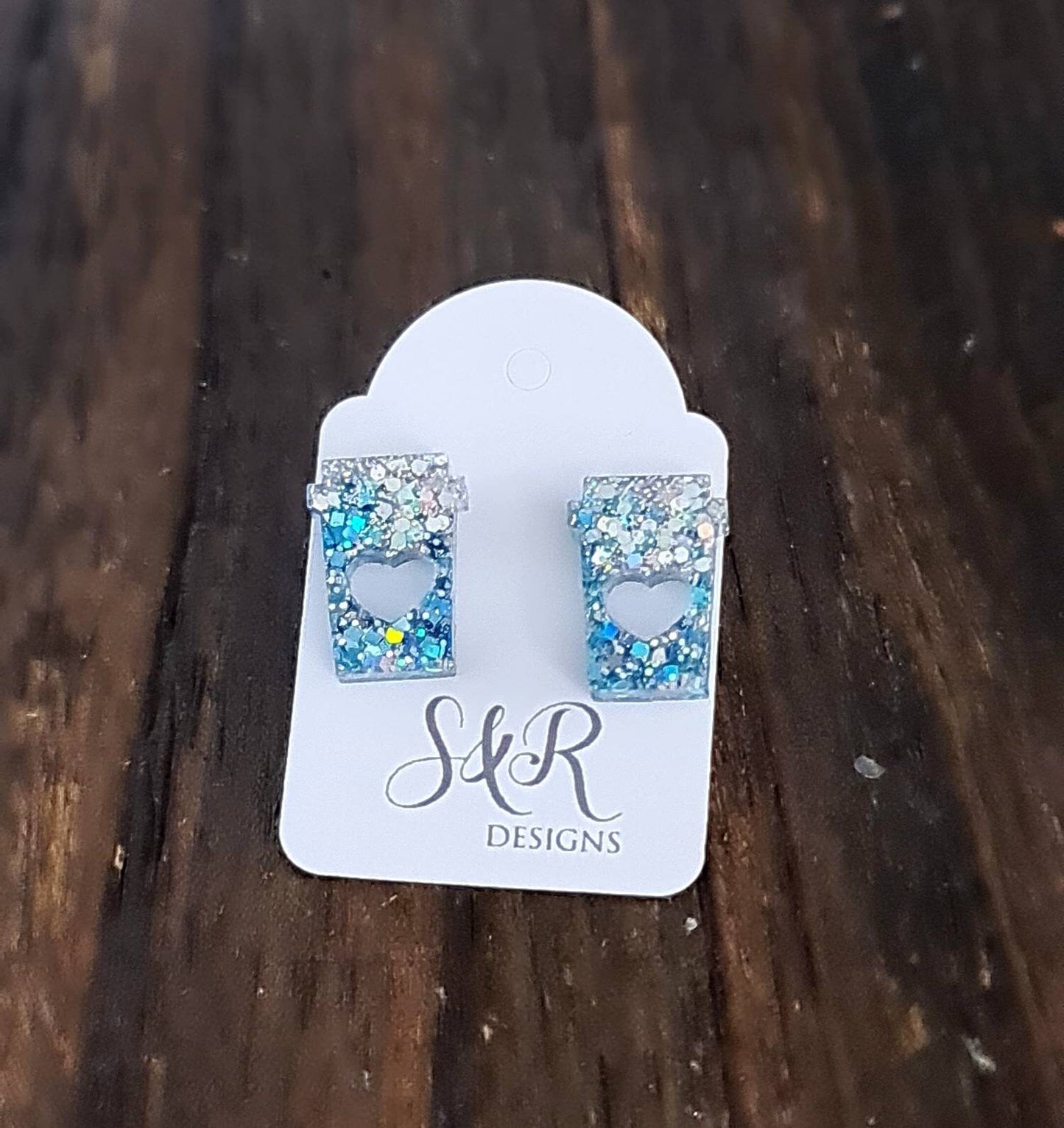 Coffee Cup Stud Earrings, Silver Holographic, Light Blue Glitter Coffee Earrings, Stainless Steel Studs, Coffee Lover