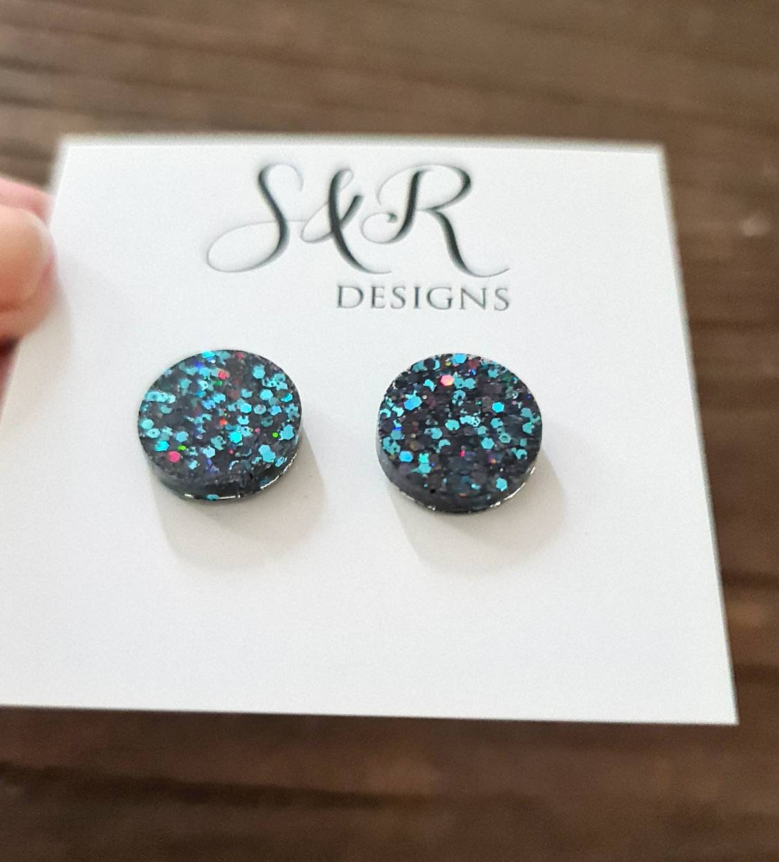Ice Blue Circle Dot Resin Stud Earrings, Black Blue Glitter Earrings. Stainless Steel Stud Earrings. 8mm,  10mm, 12mm or 15mm