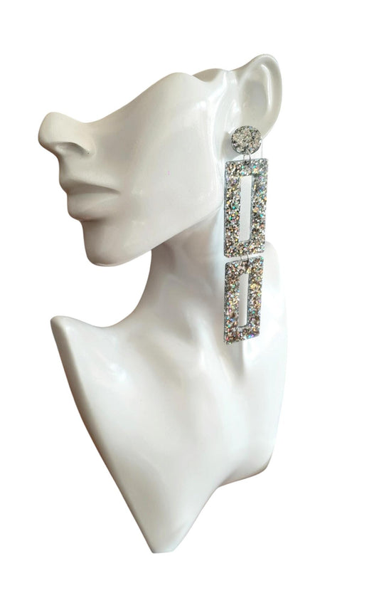 Sparkly Double Rectangle Statement Earrings, Silver Holographic Glitter Extra Long Dangle Earrings