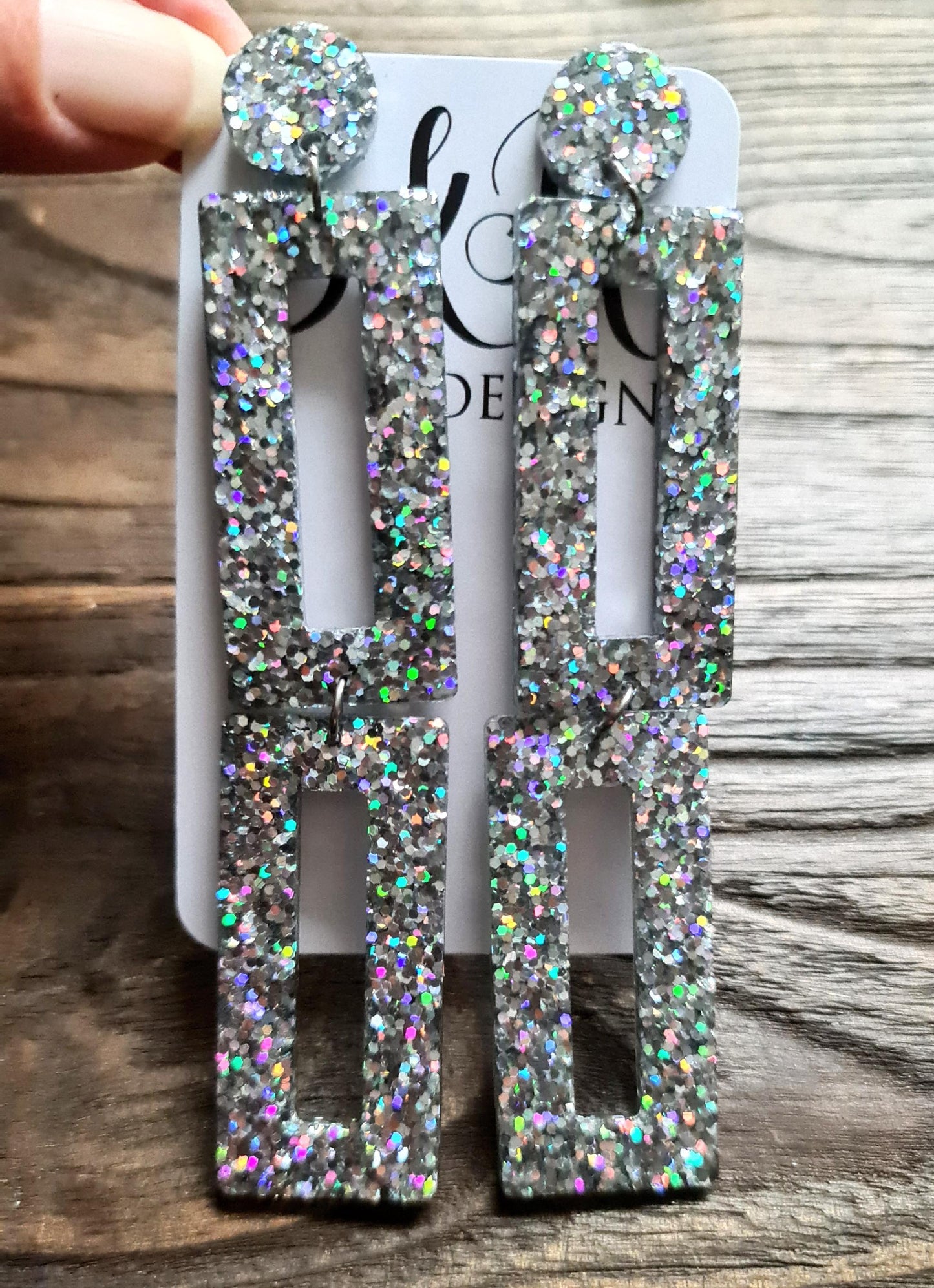 Sparkly Double Rectangle Statement Earrings, Silver Holographic Glitter Extra Long Dangle Earrings