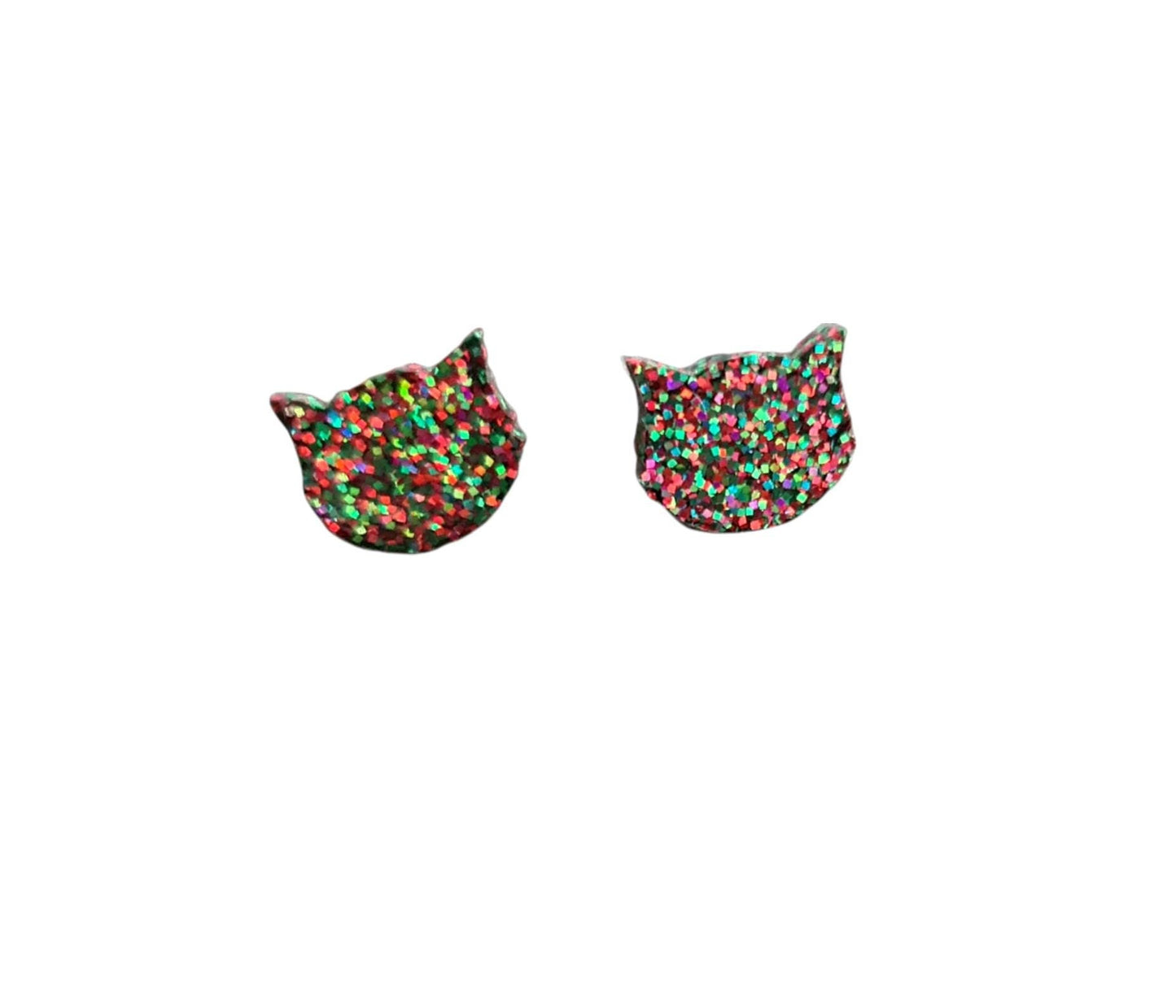 Christmas Cat Earrings, Cat Resin Stud Earrings, Green,  Red Earrings, Cat Glitter Earrings made with Stainless Steel.