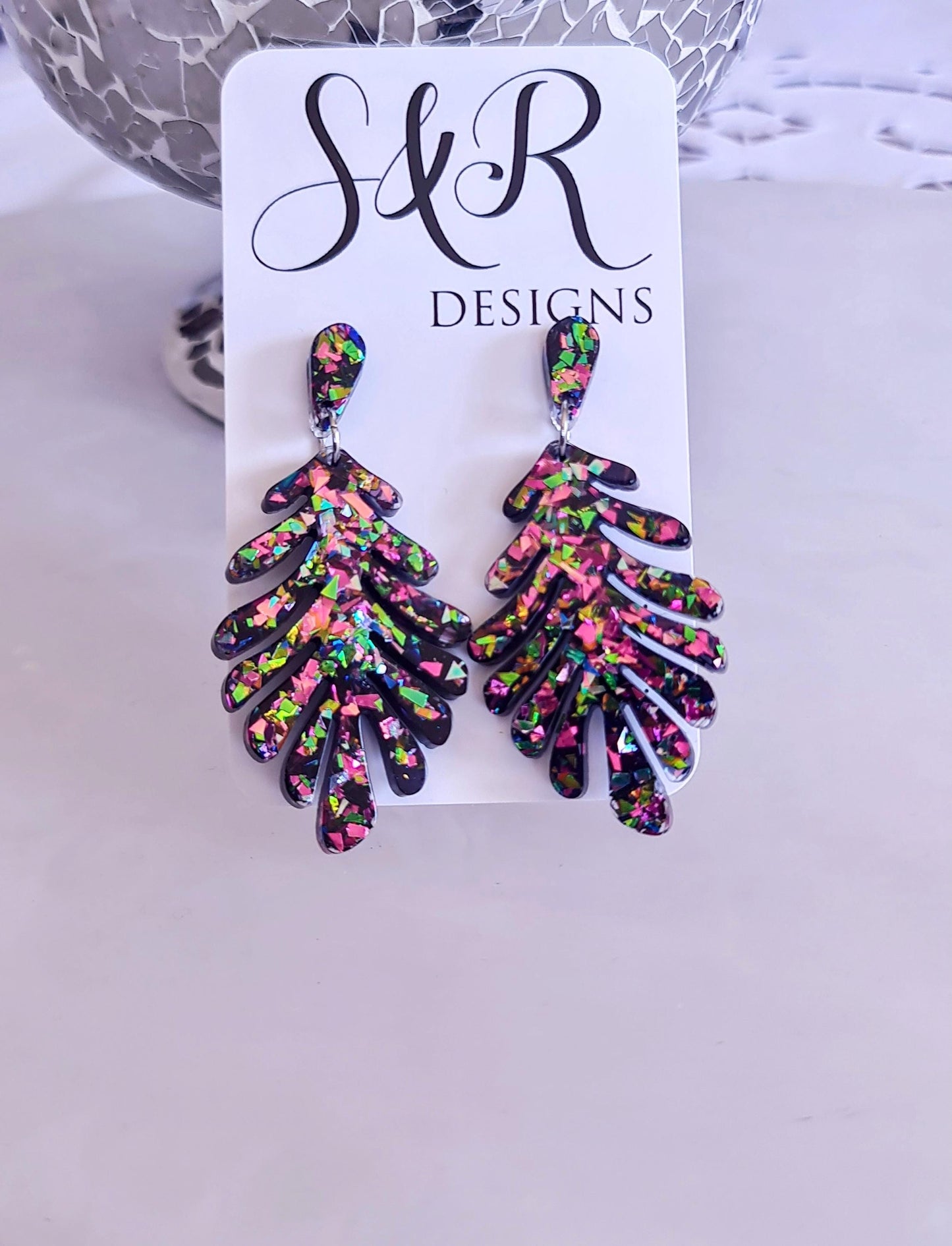 Handmade Glitter Resin Leaf Earrings - Multicoloured Bold Statement Jewellery