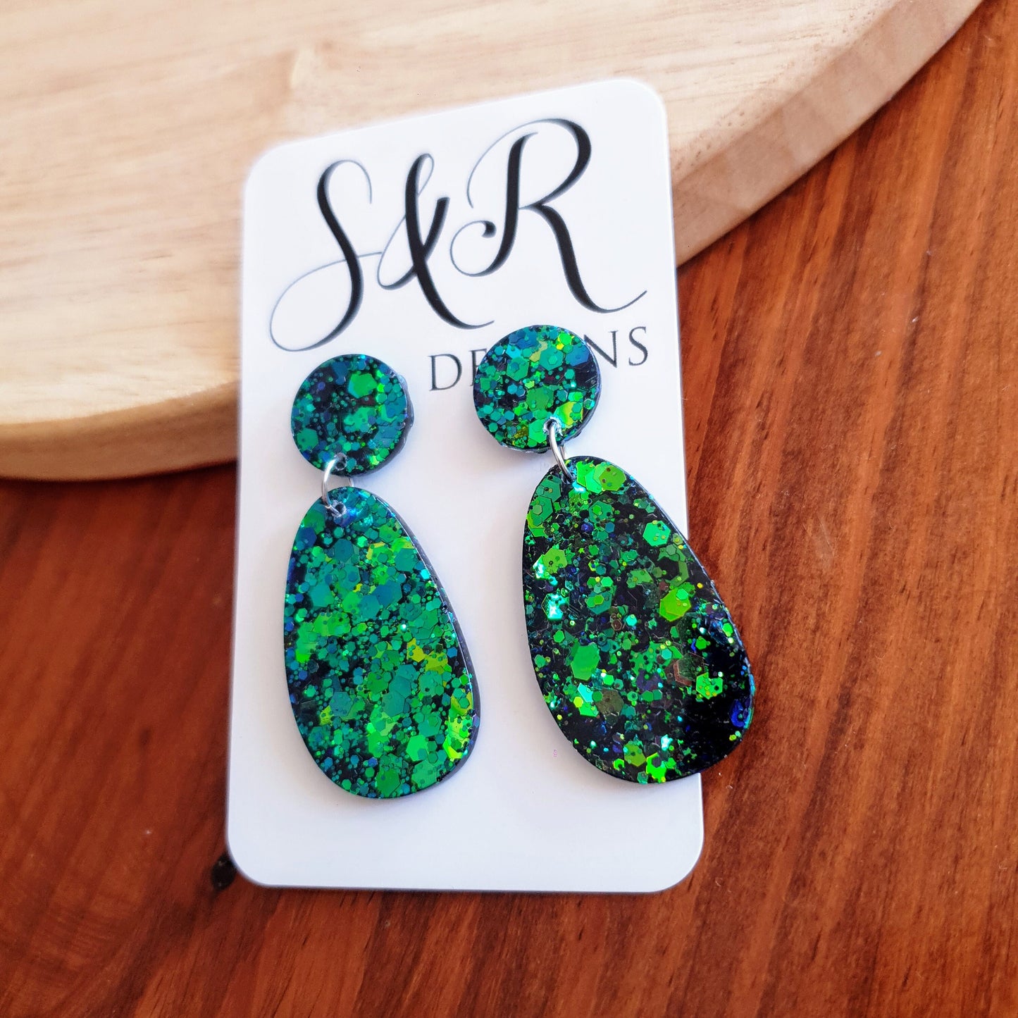 Statement Oval Organic Shape Drop Earrings, Green Blue Changing Glitter, Resin Handmade, Stainless Steel. Personalised Gift Custom Colours