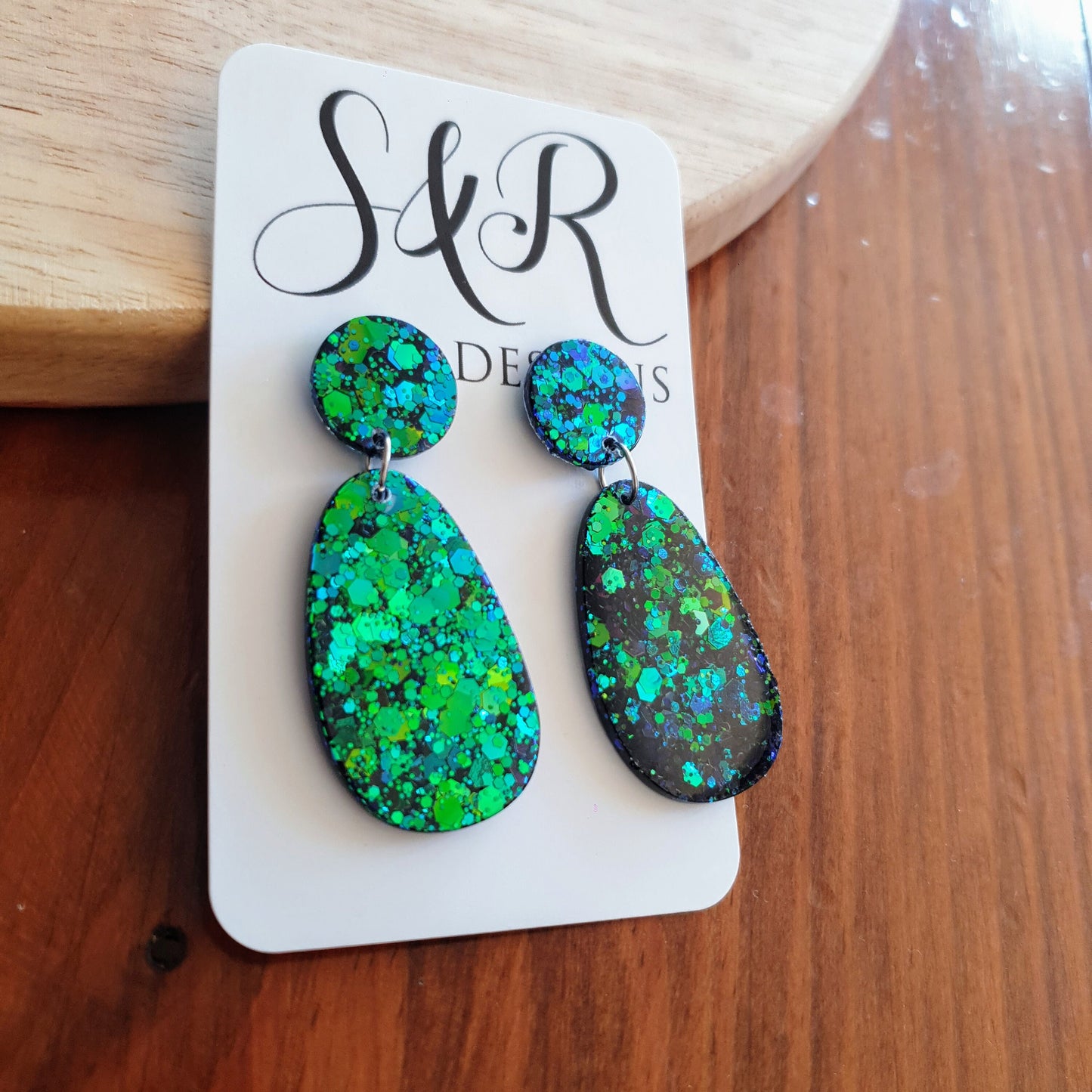 Statement Oval Organic Shape Drop Earrings, Green Blue Changing Glitter, Resin Handmade, Stainless Steel. Personalised Gift Custom Colours