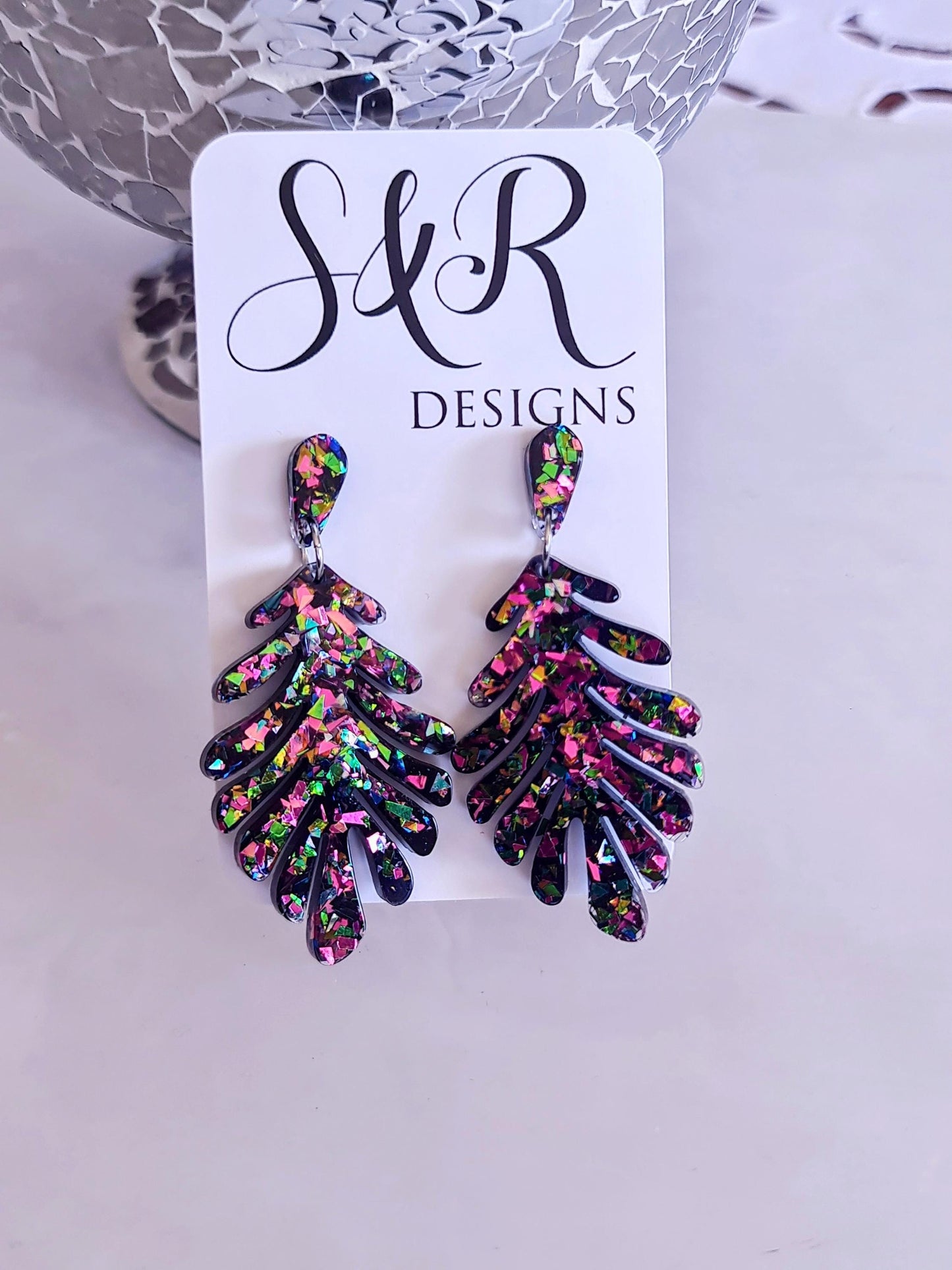 Handmade Glitter Resin Leaf Earrings - Multicoloured Bold Statement Jewellery
