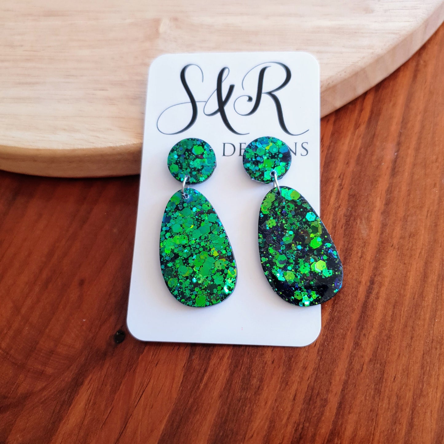 Statement Oval Organic Shape Drop Earrings, Green Blue Changing Glitter, Resin Handmade, Stainless Steel. Personalised Gift Custom Colours